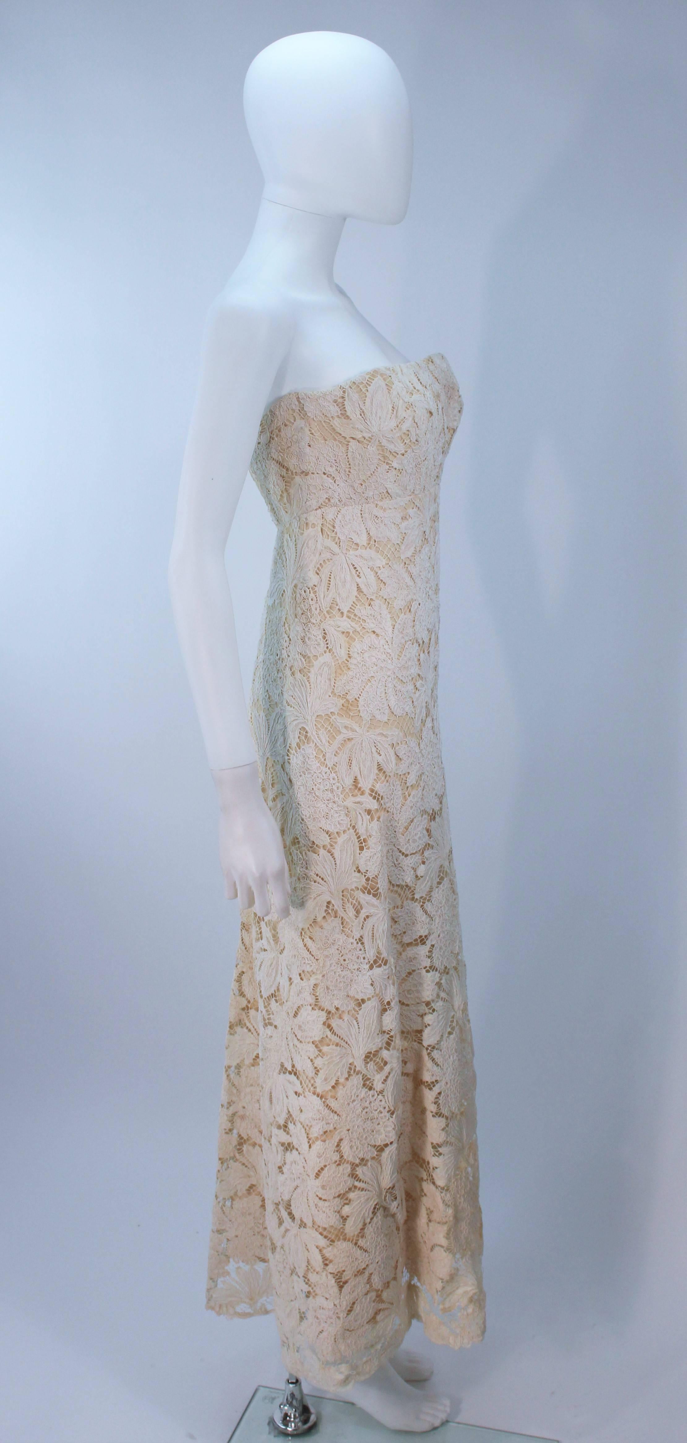 GALANOS Antique Cream Floral Strapless Lace Cocktail Dress Size 2-4 For Sale 1