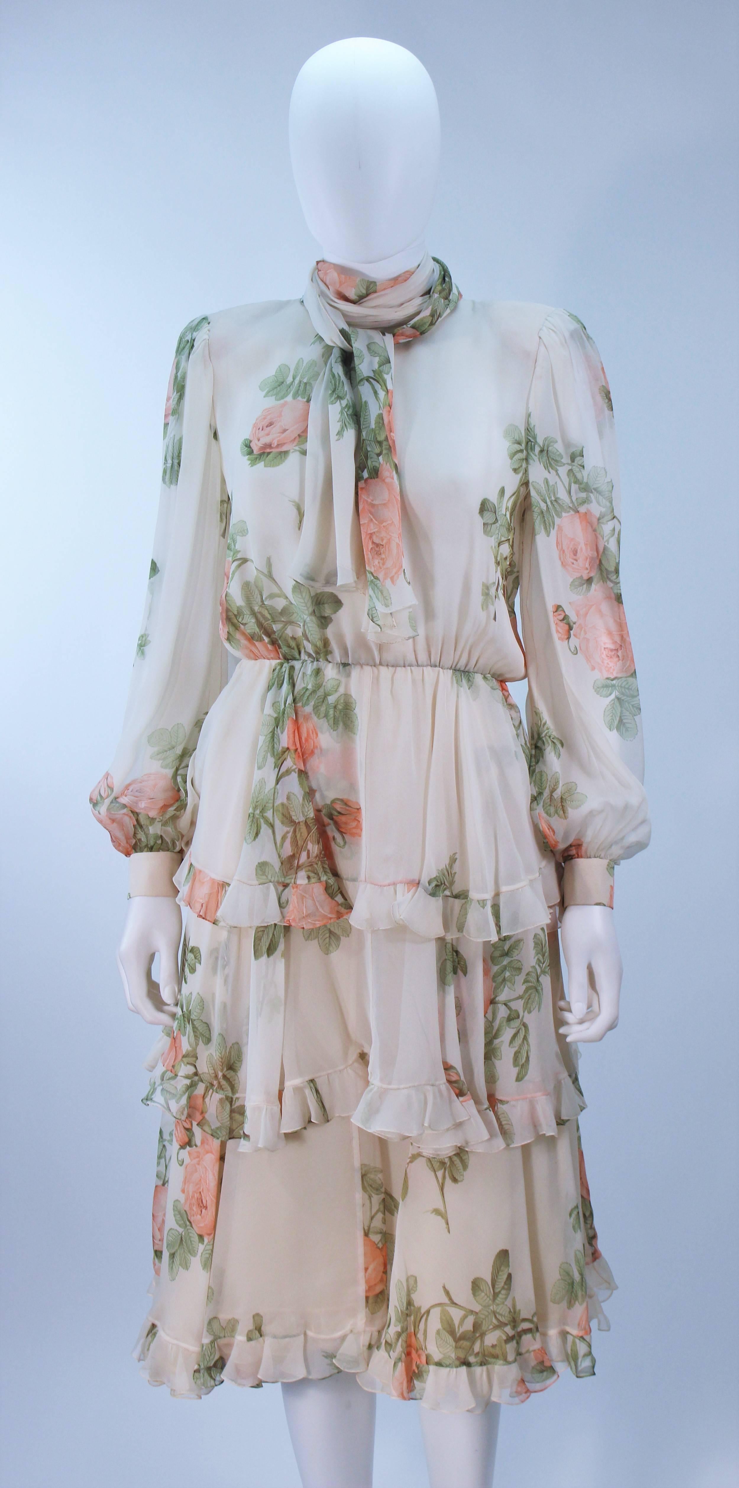 Gray VALENTINO 1980's Floral Print Silk Chiffon Skirt Ensemble Size 2-4