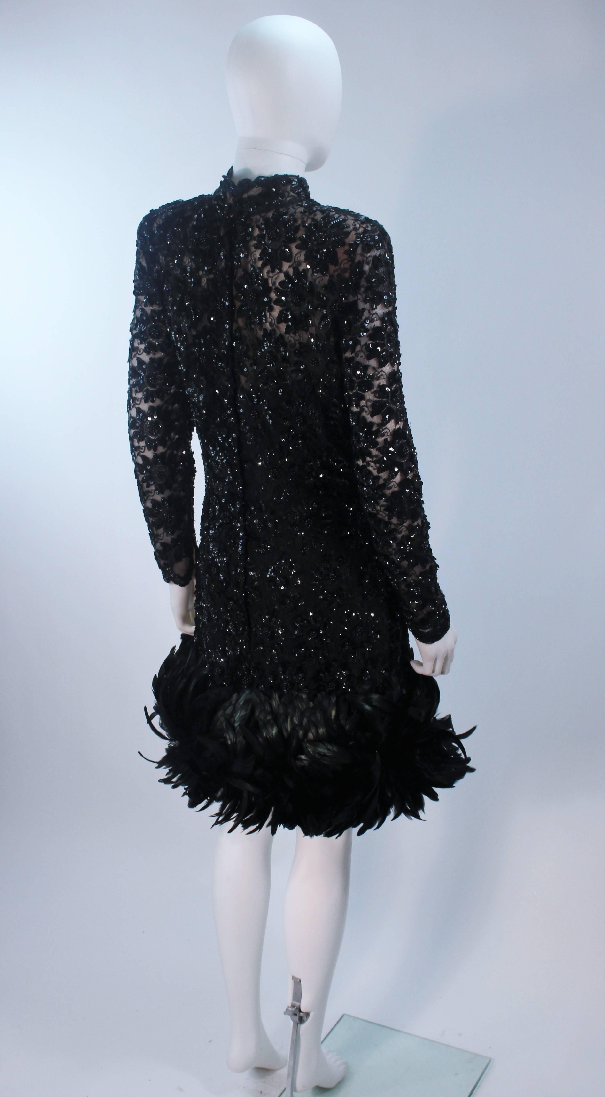 TRAVILLA Black Beaded Lace Cocktail Dress with Feather Trim Size 4-6 2