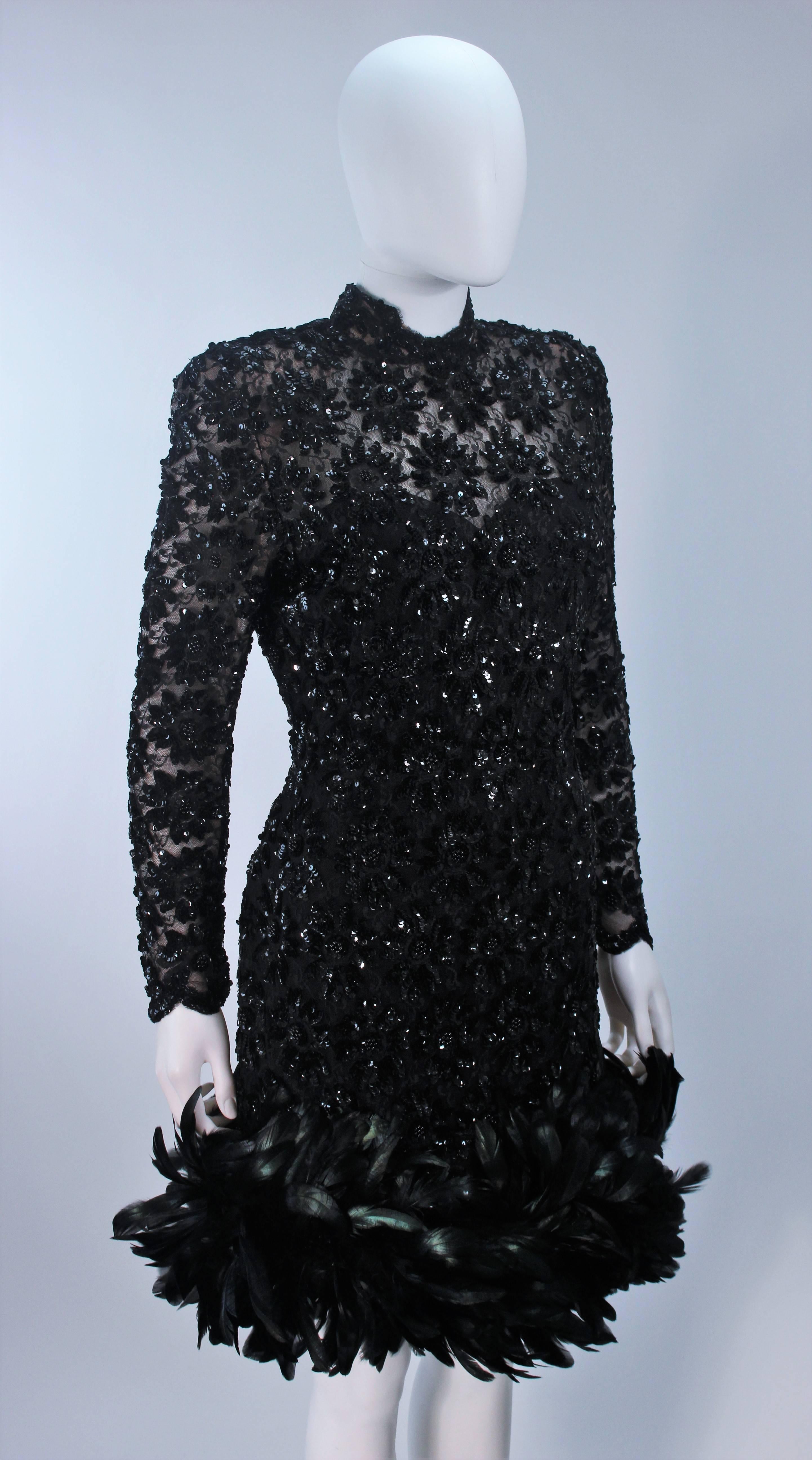 Women's TRAVILLA Black Beaded Lace Cocktail Dress with Feather Trim Size 4-6