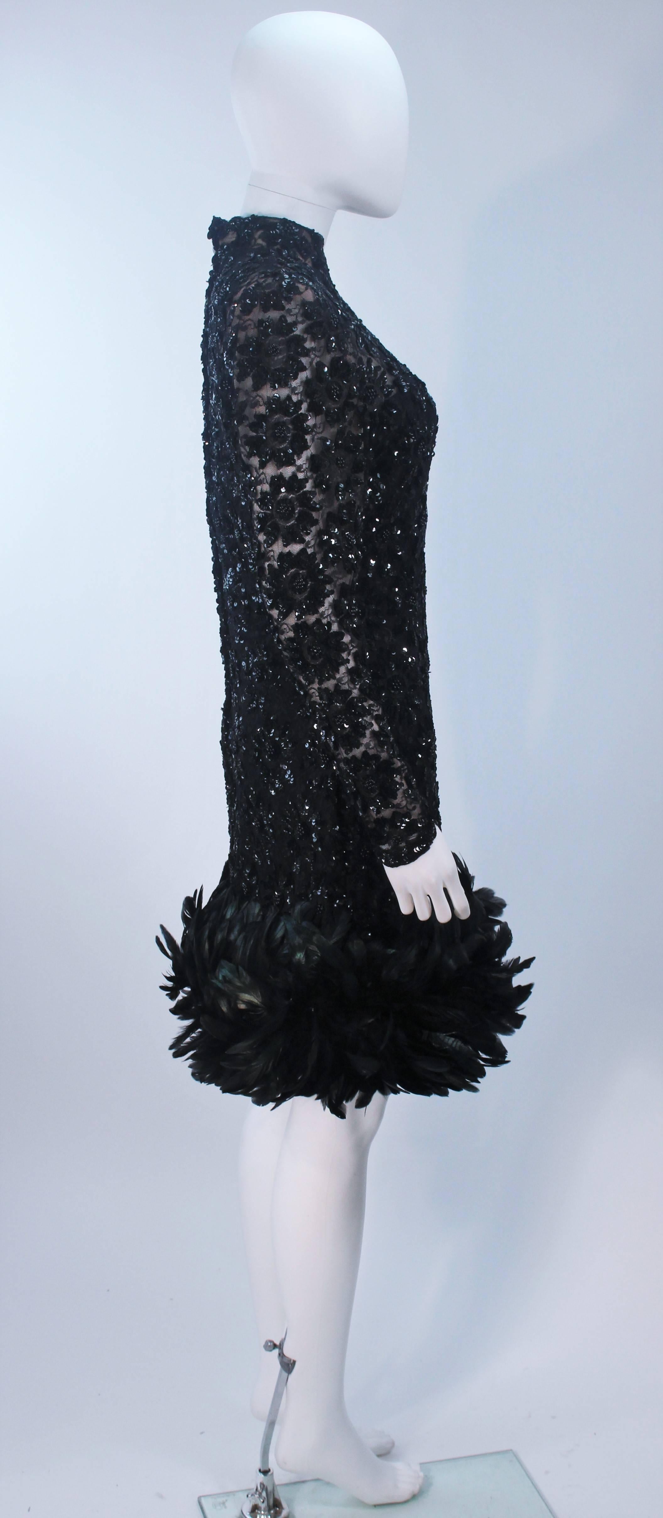 TRAVILLA Black Beaded Lace Cocktail Dress with Feather Trim Size 4-6 1