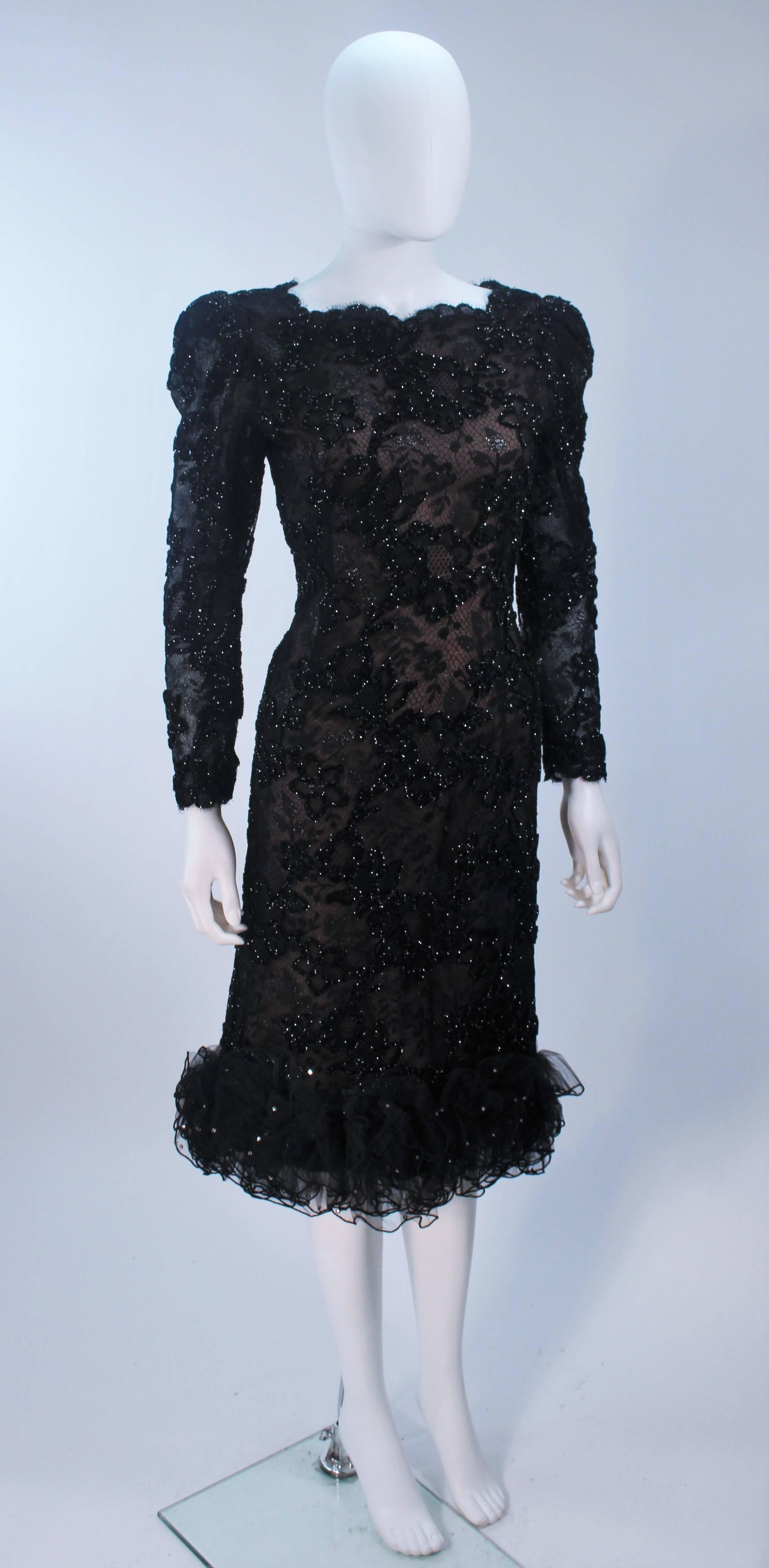 Women's OSCAR DE LA RENTA Black Lace Cocktail Dress Ruffled Hem and Rhinestones Size 6-8 For Sale