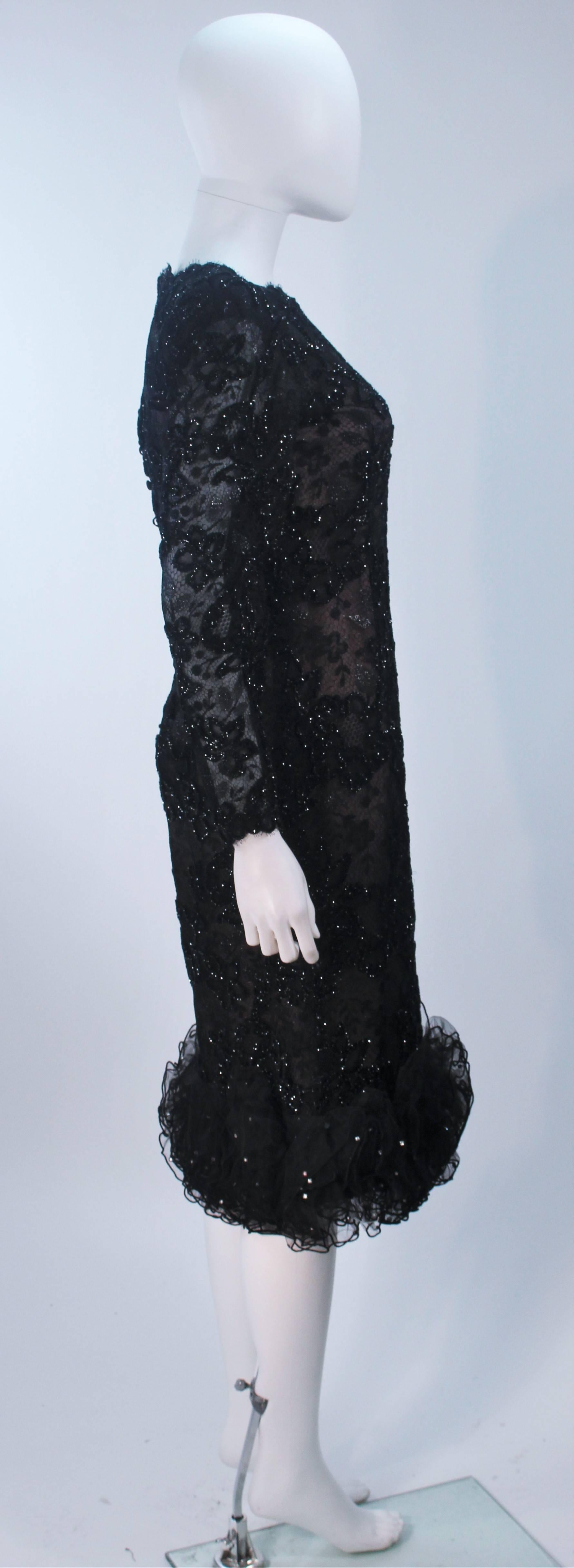 OSCAR DE LA RENTA Black Lace Cocktail Dress Ruffled Hem and Rhinestones Size 6-8 For Sale 2