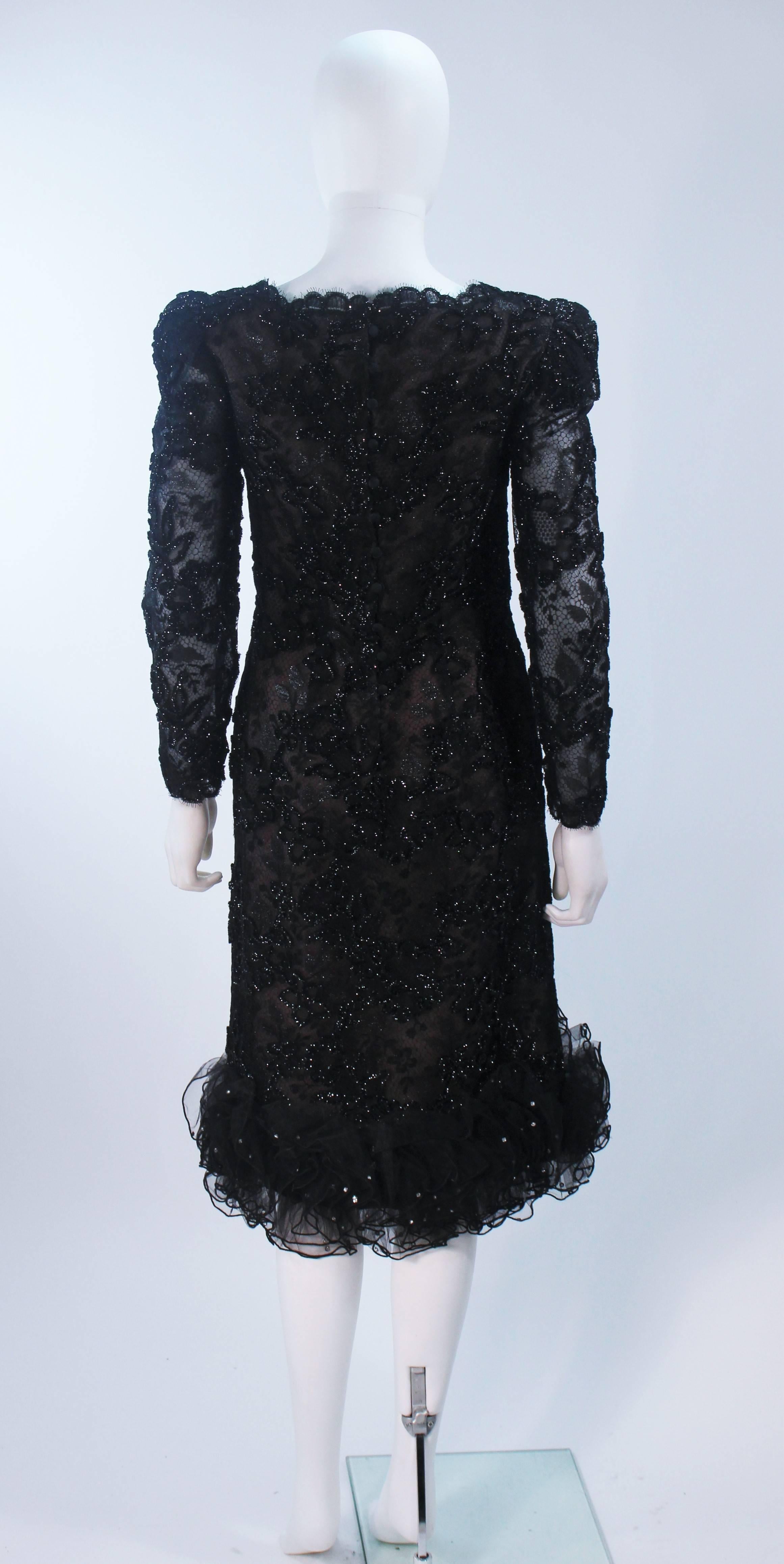 OSCAR DE LA RENTA Black Lace Cocktail Dress Ruffled Hem and Rhinestones Size 6-8 For Sale 3