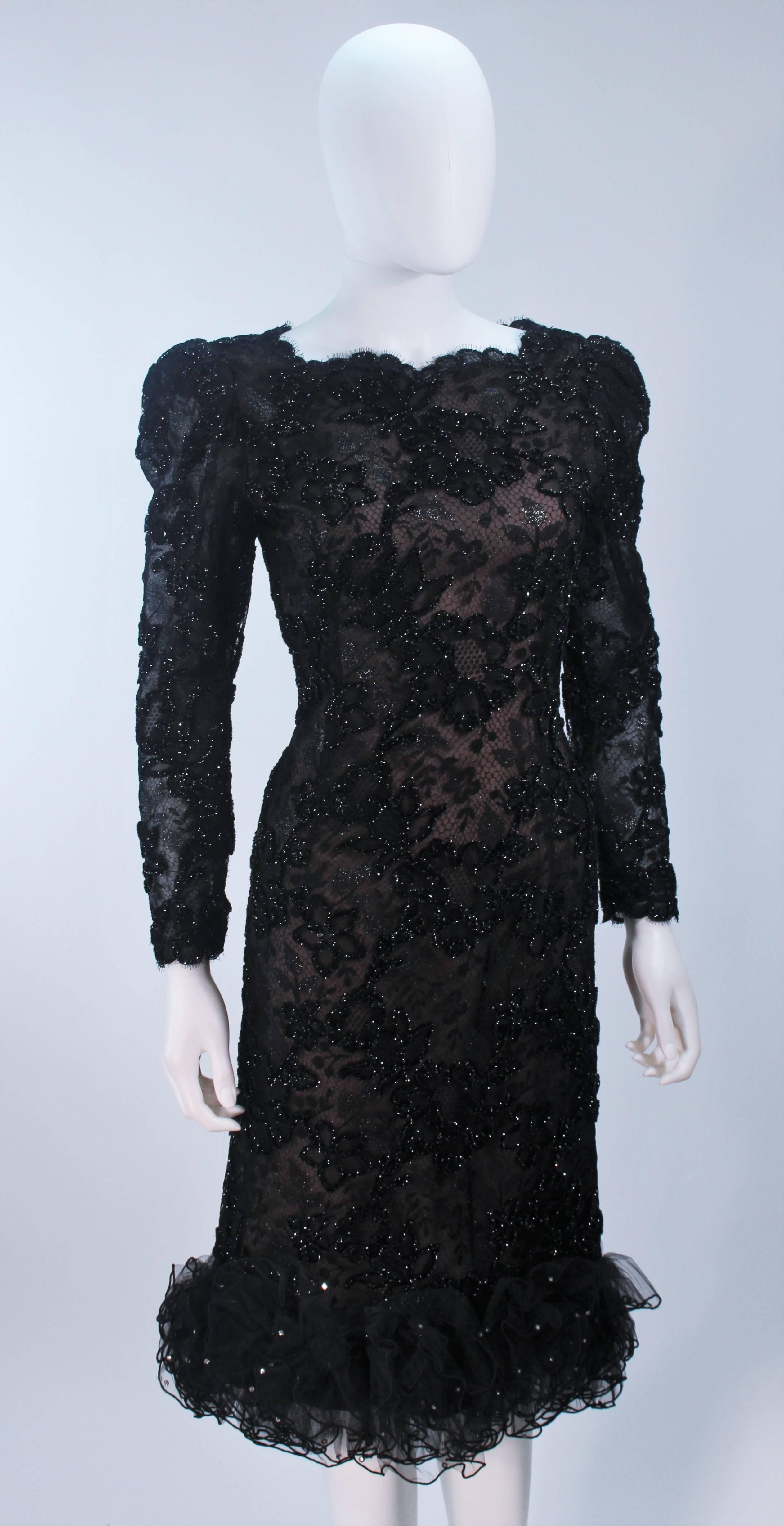 OSCAR DE LA RENTA Black Lace Cocktail Dress Ruffled Hem and Rhinestones Size 6-8 For Sale 1