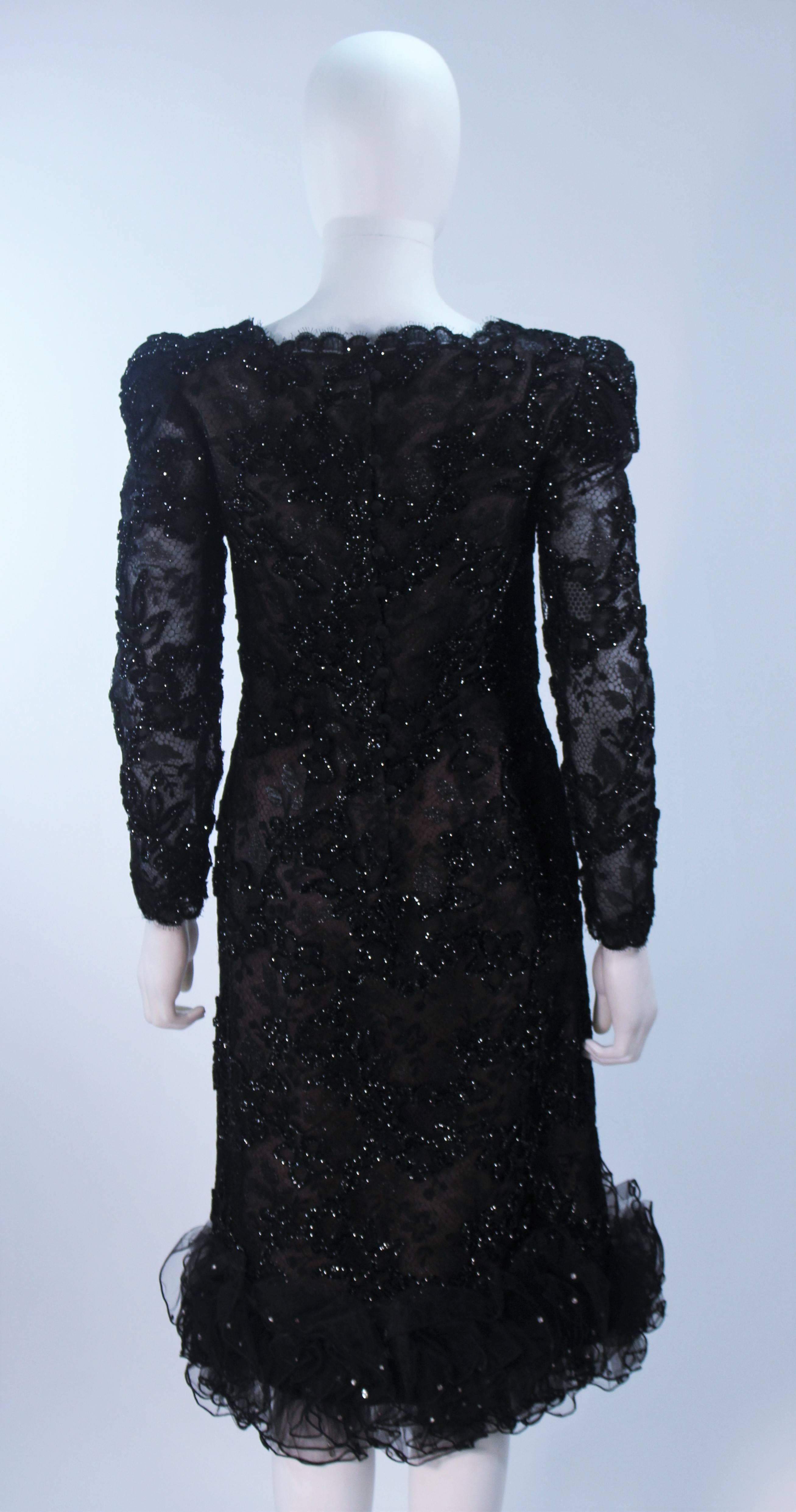 OSCAR DE LA RENTA Black Lace Cocktail Dress Ruffled Hem and Rhinestones Size 6-8 For Sale 4