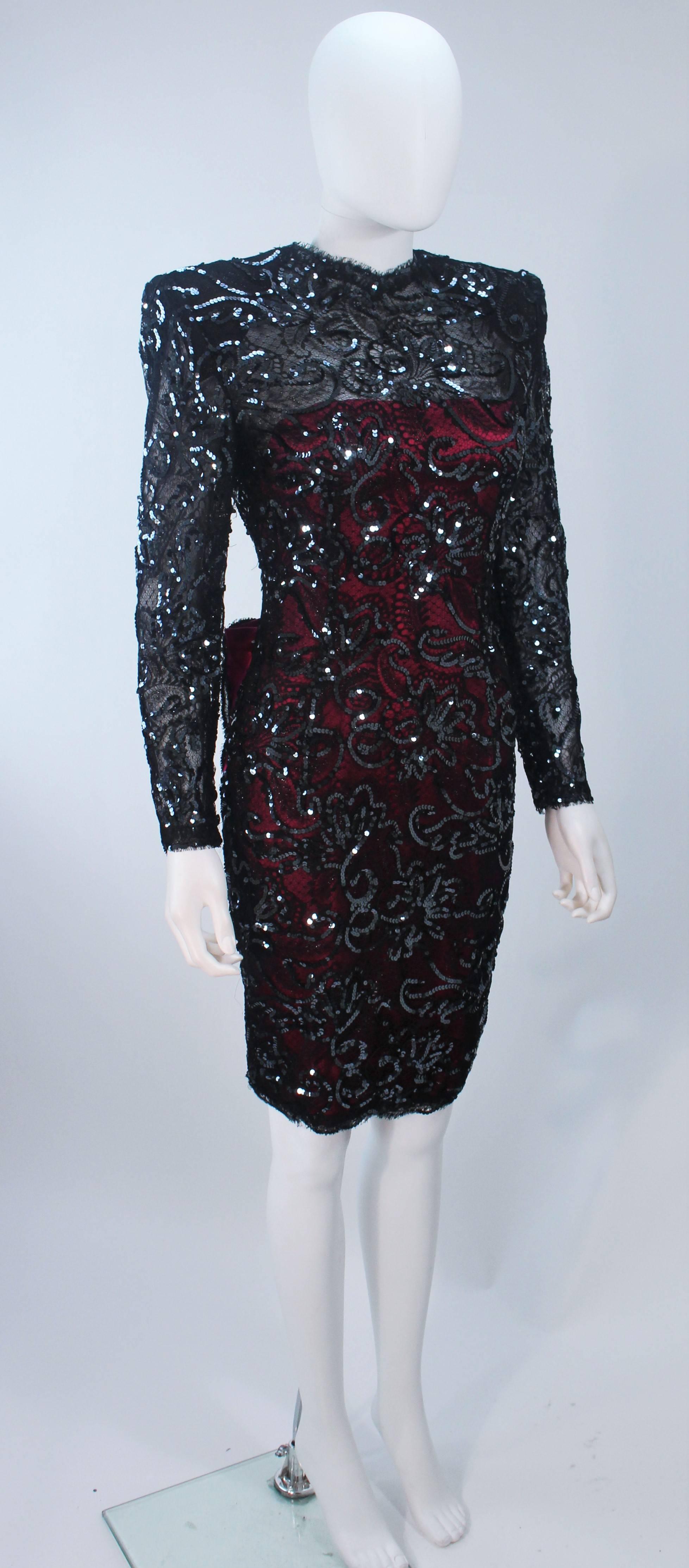 ODICINI COUTURE Vestido de cóctel de encaje de lentejuelas negro y magenta con lazo Talla 6-8 en Excelente estado para la venta en Los Angeles, CA