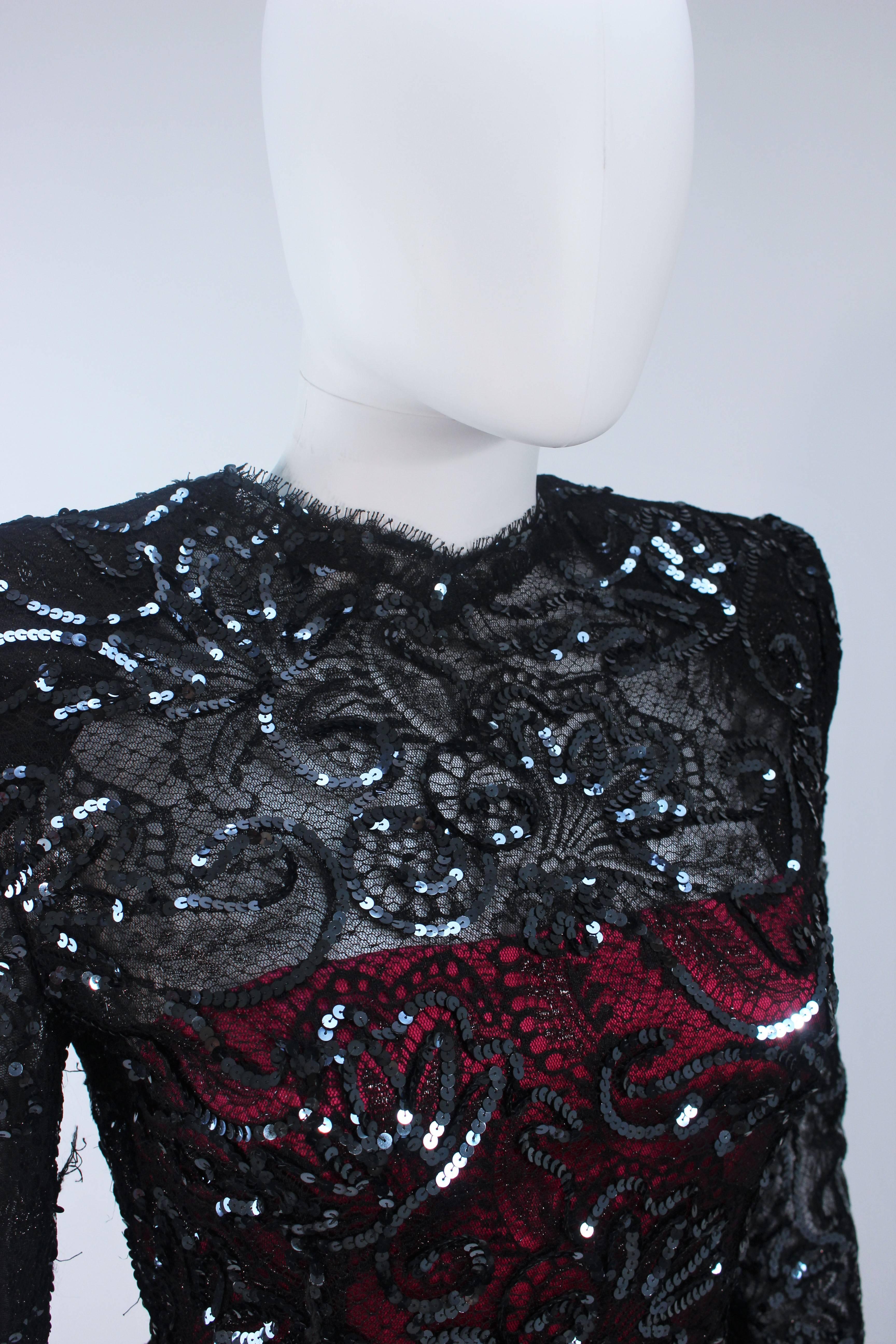 ODICINI COUTURE Black & Magenta Sequin Lace Cocktail Dress with Bow Size 6-8 In Excellent Condition For Sale In Los Angeles, CA