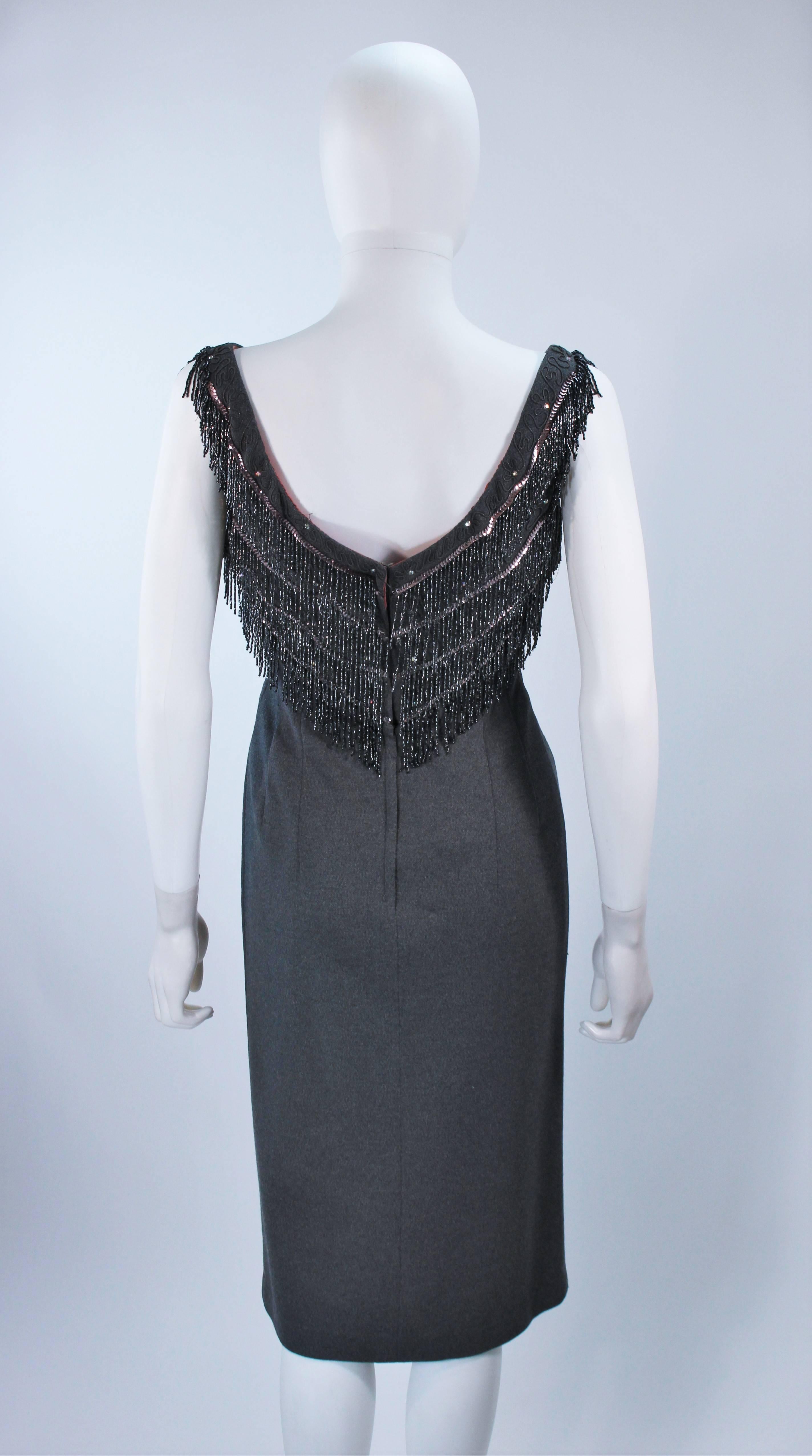SYDNEY NORTH 1970's Grey Stretch Knit Cocktail Dress with Beaded Fringe Size 8  For Sale 1