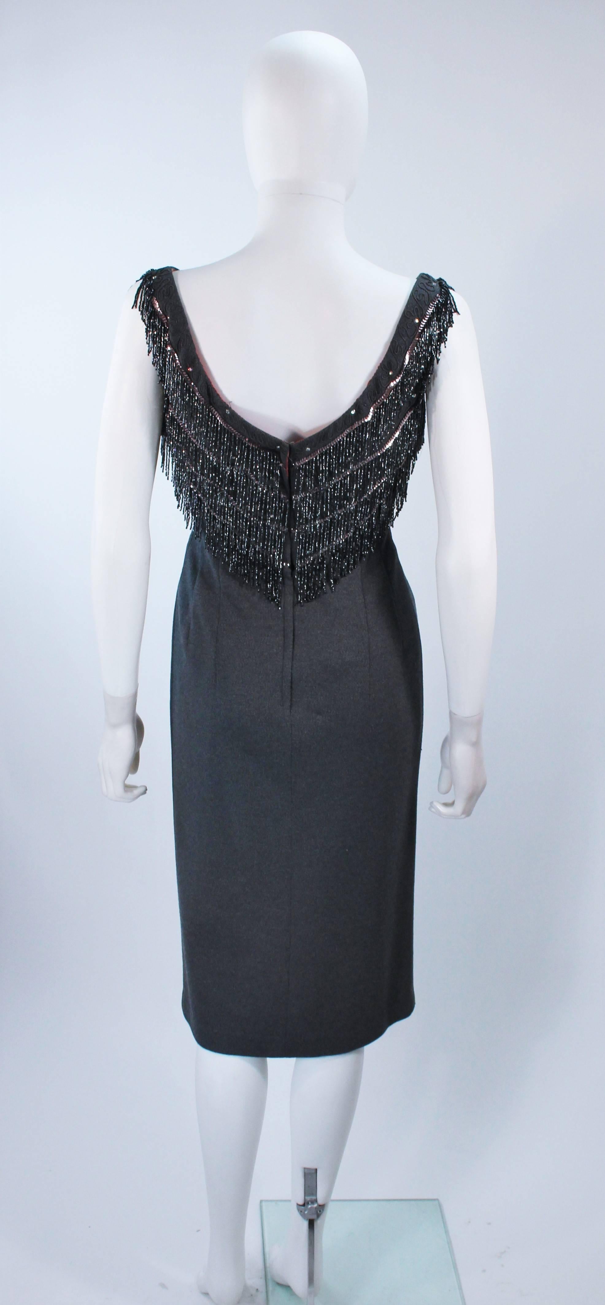 Women's SYDNEY NORTH 1970's Grey Stretch Knit Cocktail Dress with Beaded Fringe Size 8  For Sale