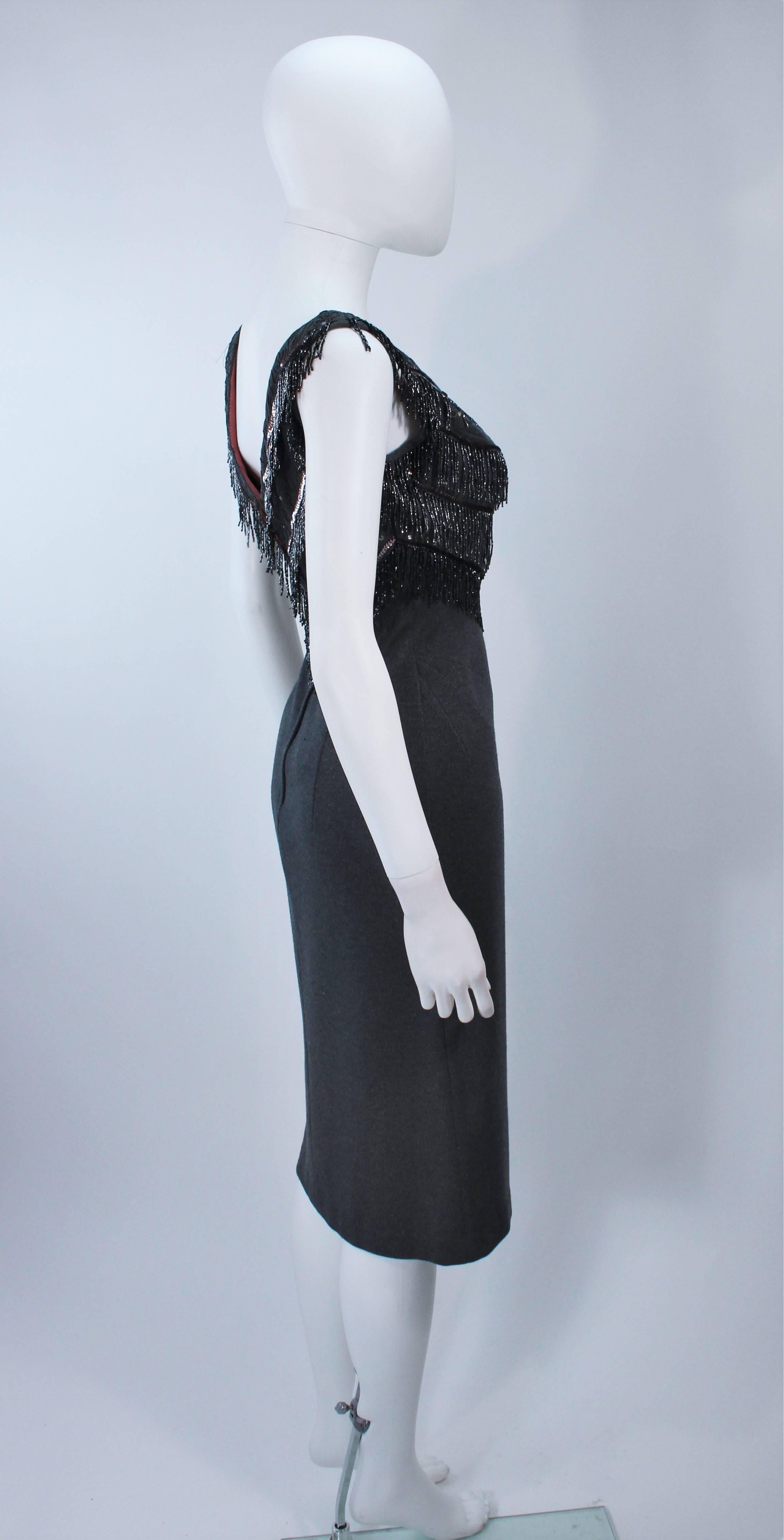 Black SYDNEY NORTH 1970's Grey Stretch Knit Cocktail Dress with Beaded Fringe Size 8  For Sale