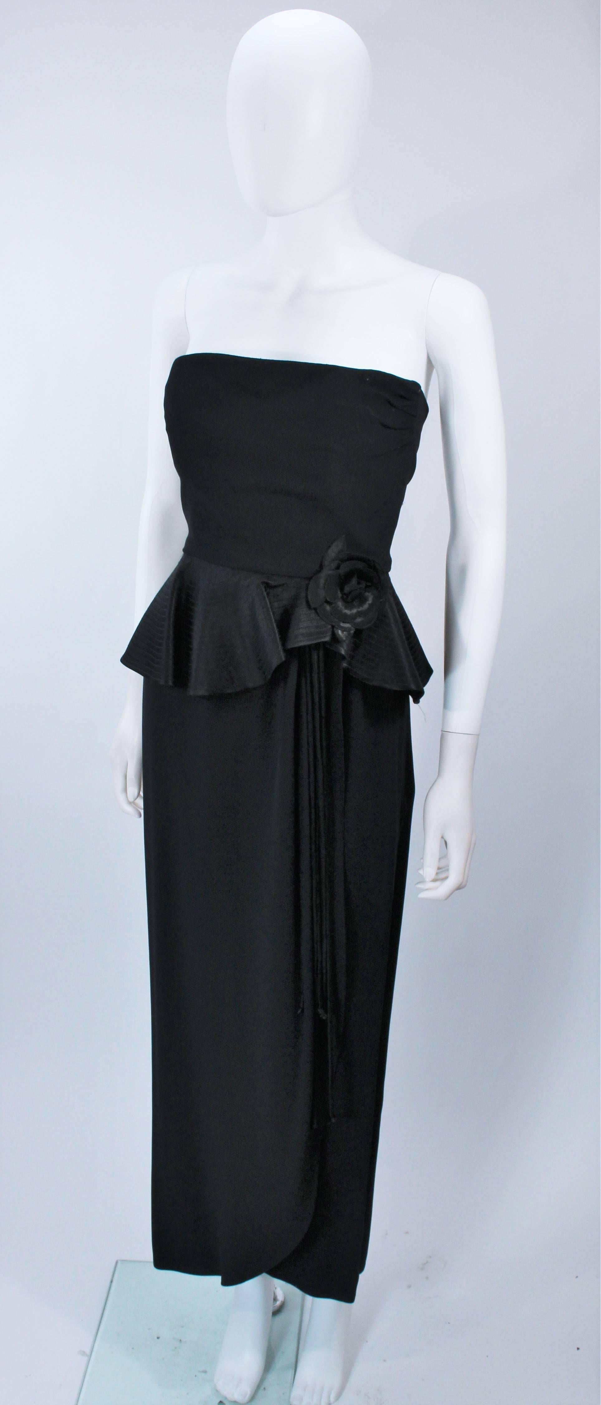 ALBERT NIPON Black Gown with Peplum and Draped Rose Size 6 In Excellent Condition In Los Angeles, CA