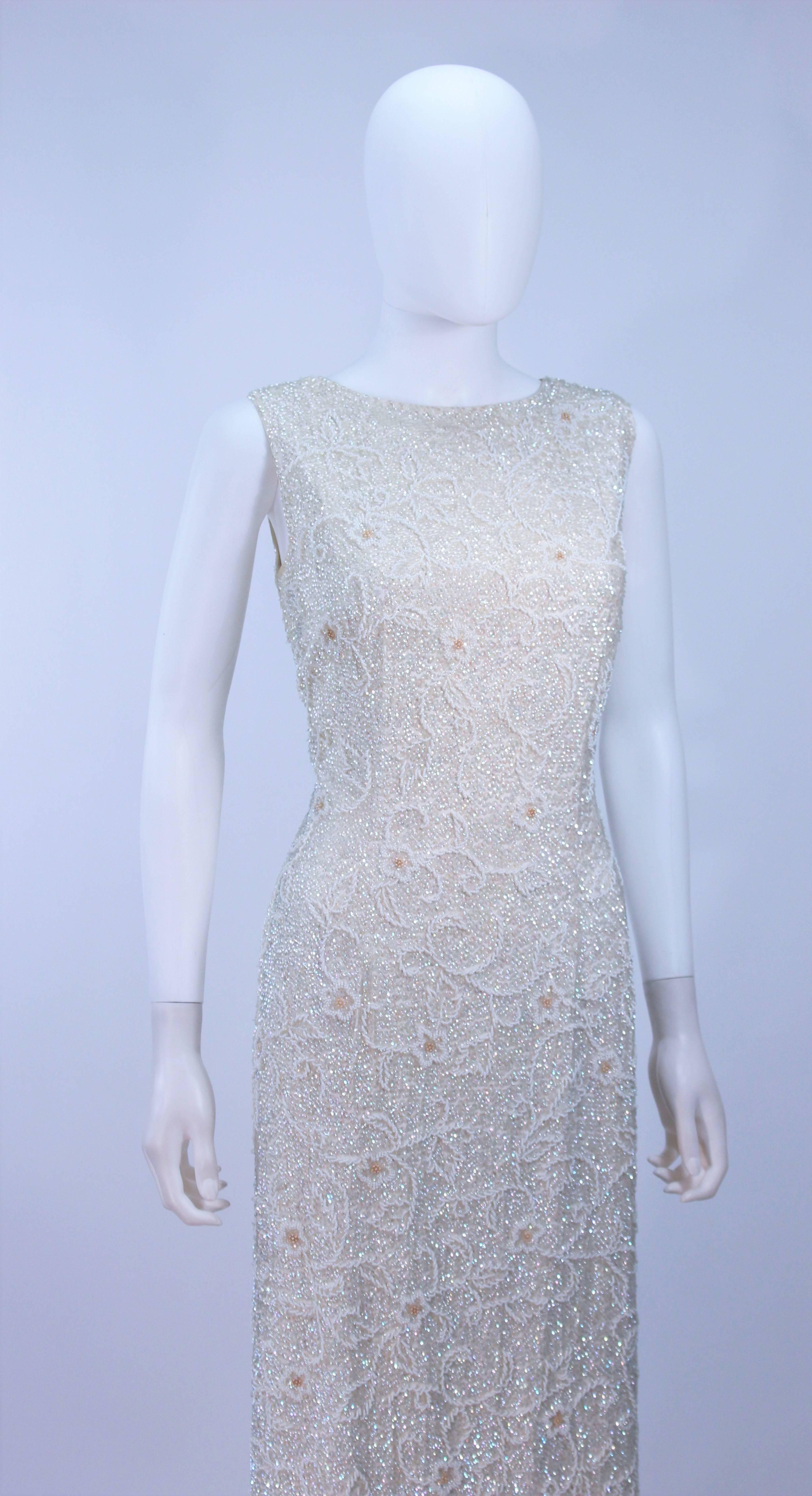 Gray JO RO IMPORTS 1950's White Iridescent Floral Sequin Beaded Gown Wedding Size 14 For Sale
