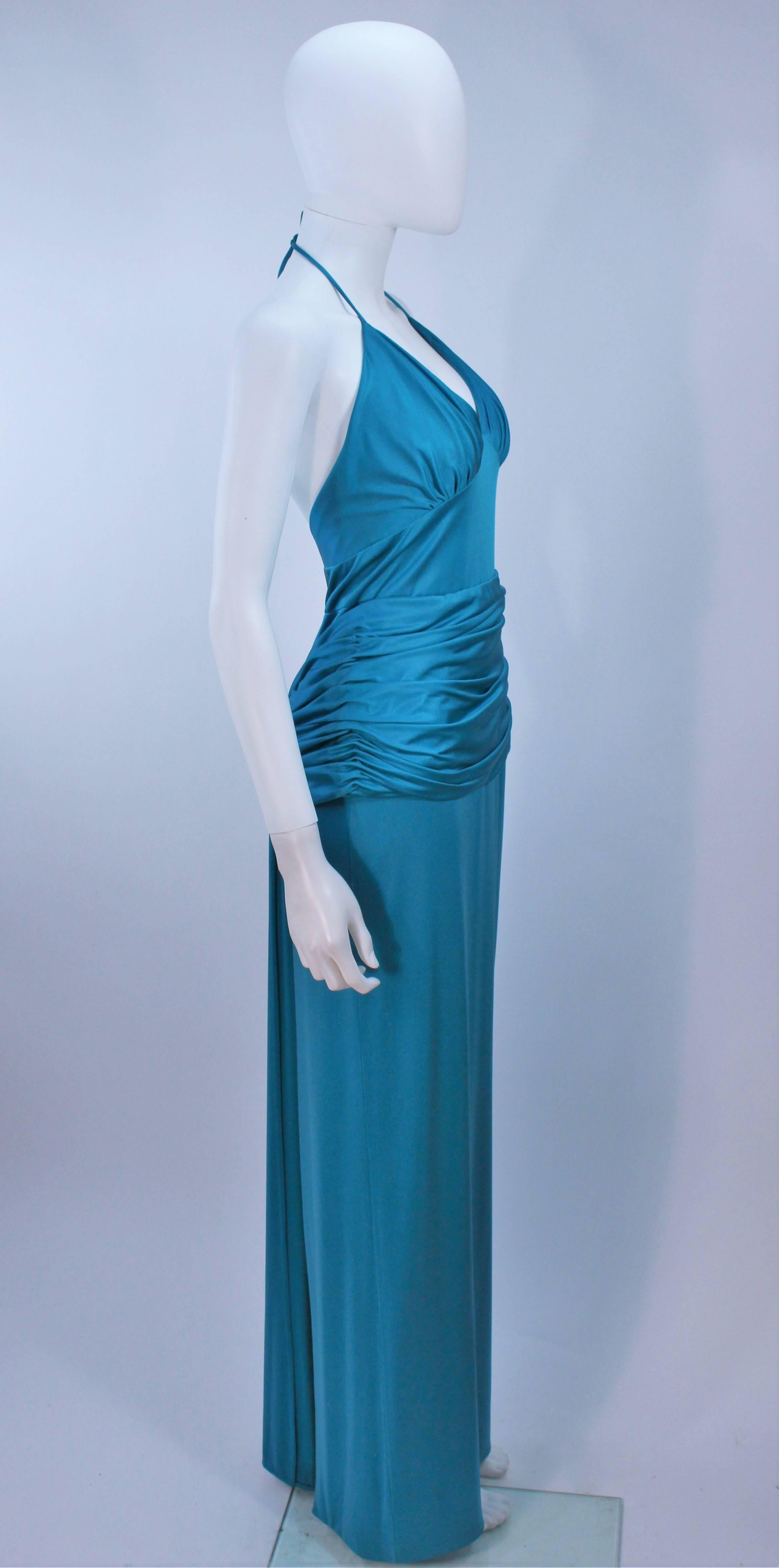 ELIZABETH MASON COUTURE Turquoise Silk Jersey Halter Gown Made to Order For Sale 2