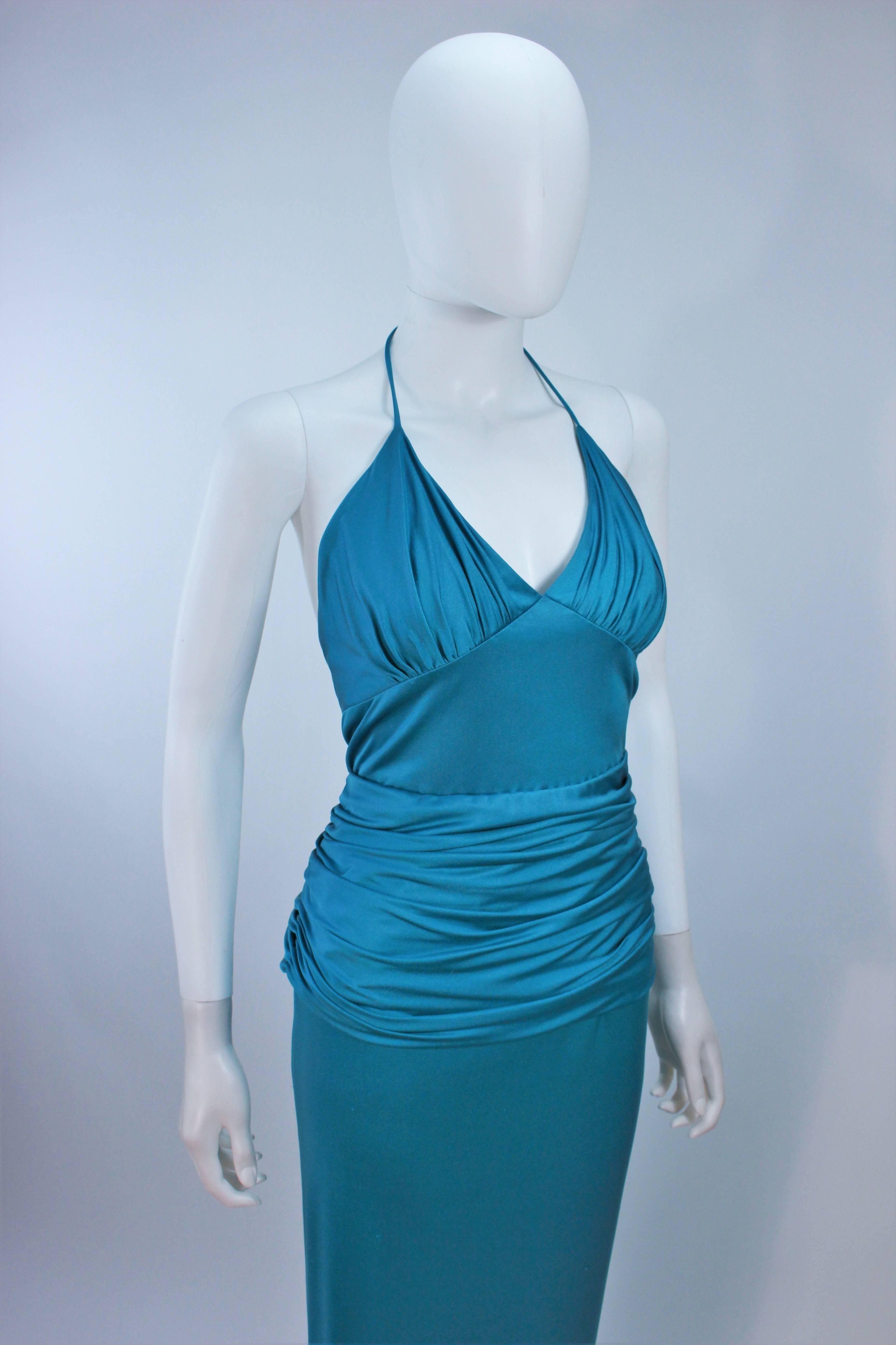 ELIZABETH MASON COUTURE Turquoise Silk Jersey Halter Gown Made to Order For Sale 1