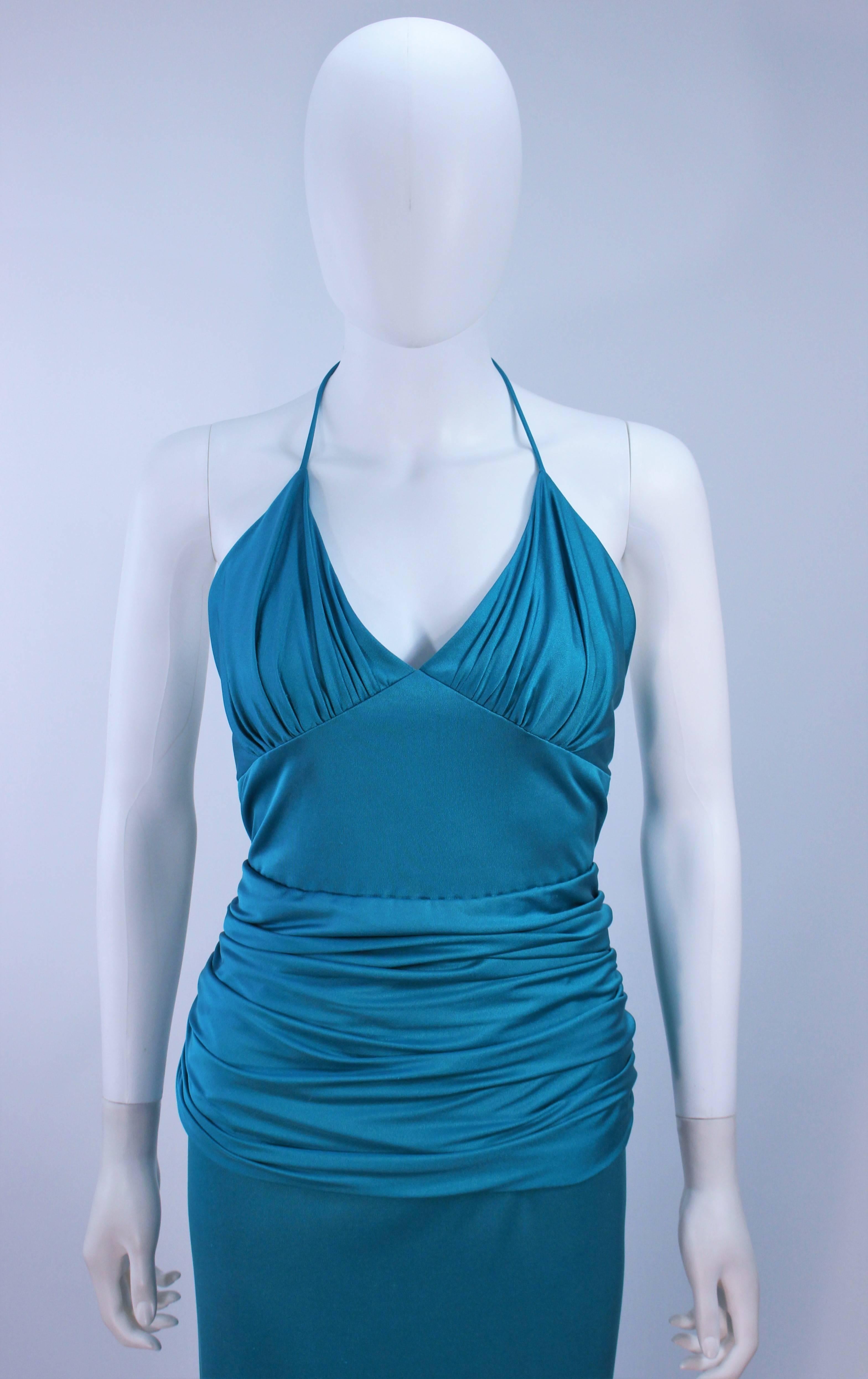 Blue ELIZABETH MASON COUTURE Turquoise Silk Jersey Halter Gown Made to Order For Sale