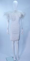 1980's Off The Shoulder White Feather Trim Cocktail Dress with Ruching Size 4-6