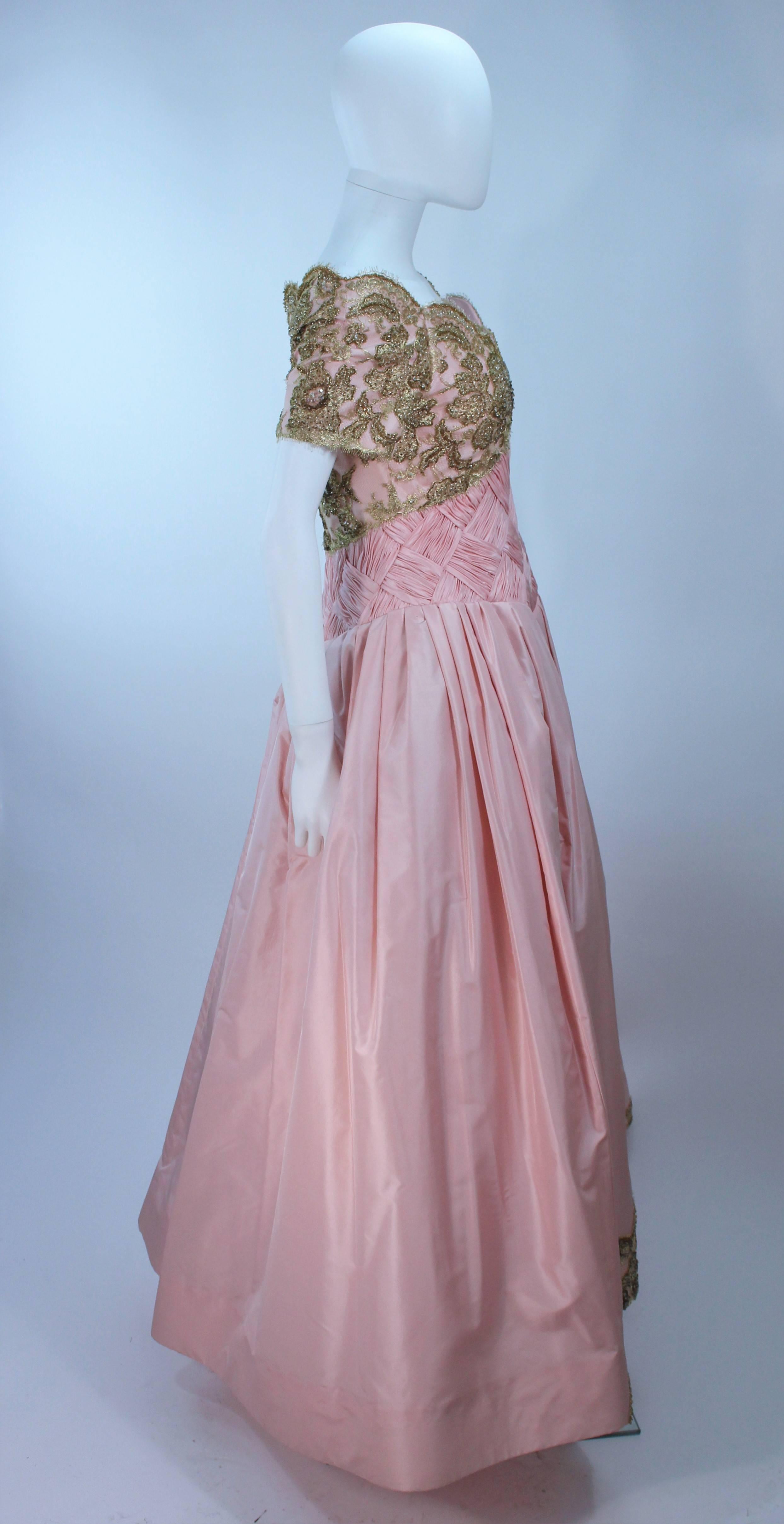 VERA WANG 1980's Embellished Pink Silk Ball Gown with Gold Lace Size 10-12 In Excellent Condition For Sale In Los Angeles, CA