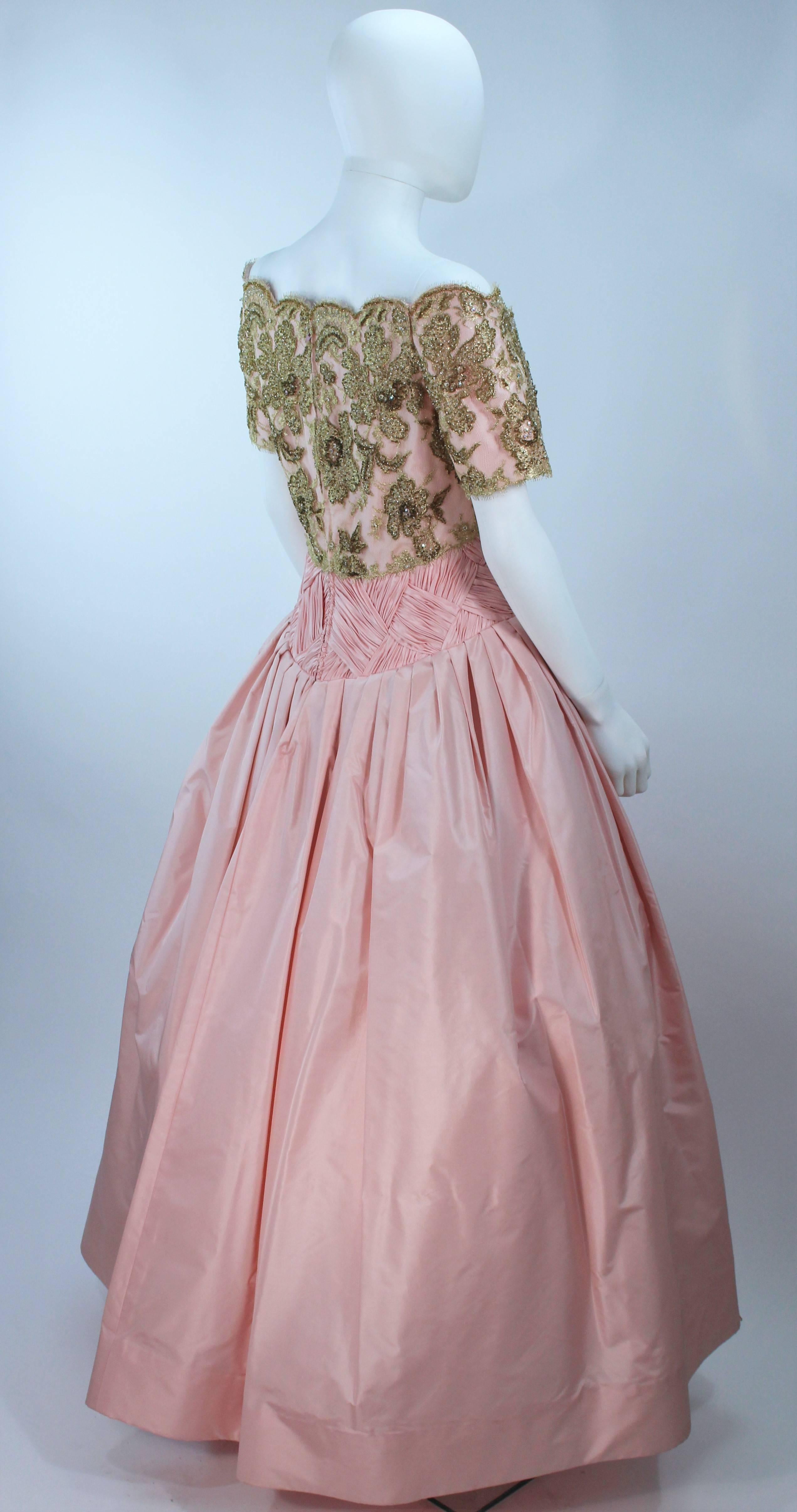 Women's VERA WANG 1980's Embellished Pink Silk Ball Gown with Gold Lace Size 10-12 For Sale