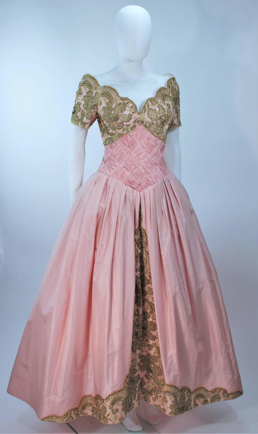 VERA WANG 1980's Embellished Pink Silk Ball Gown with Gold Lace Size 10-12 For Sale at 1stdibs