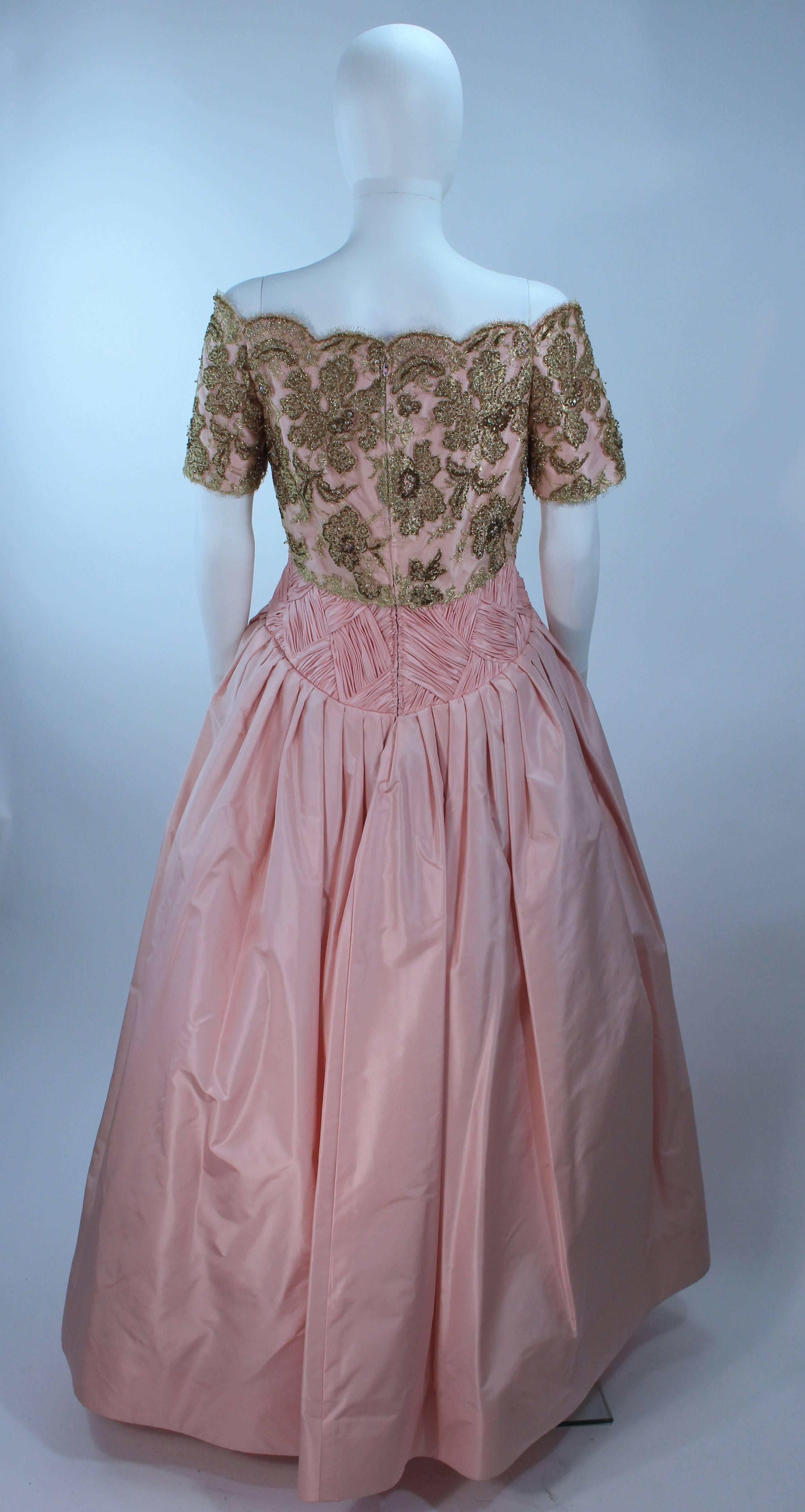 VERA WANG 1980's Embellished Pink Silk Ball Gown with Gold Lace Size 10-12 For Sale 1