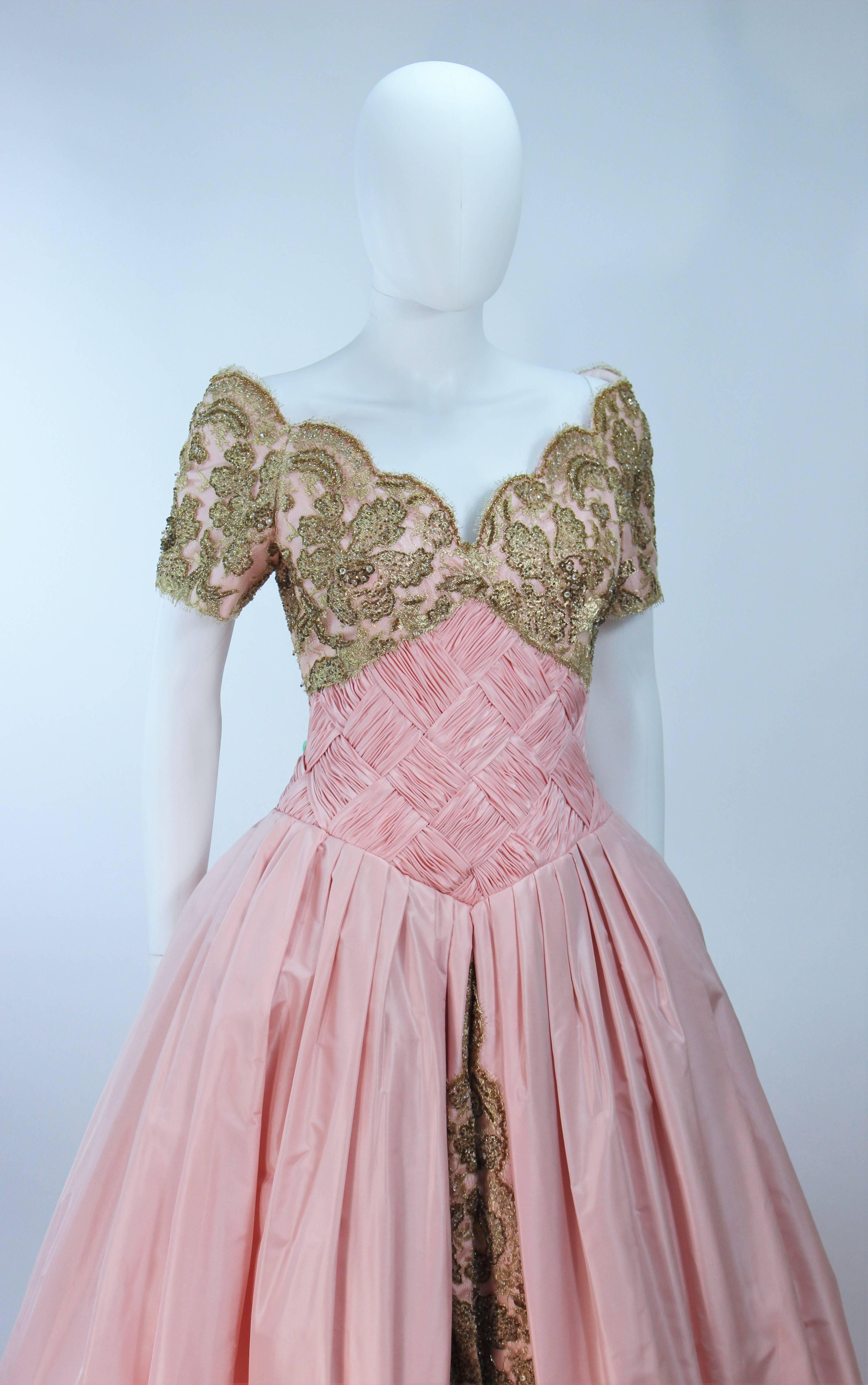 Beige VERA WANG 1980's Embellished Pink Silk Ball Gown with Gold Lace Size 10-12 For Sale