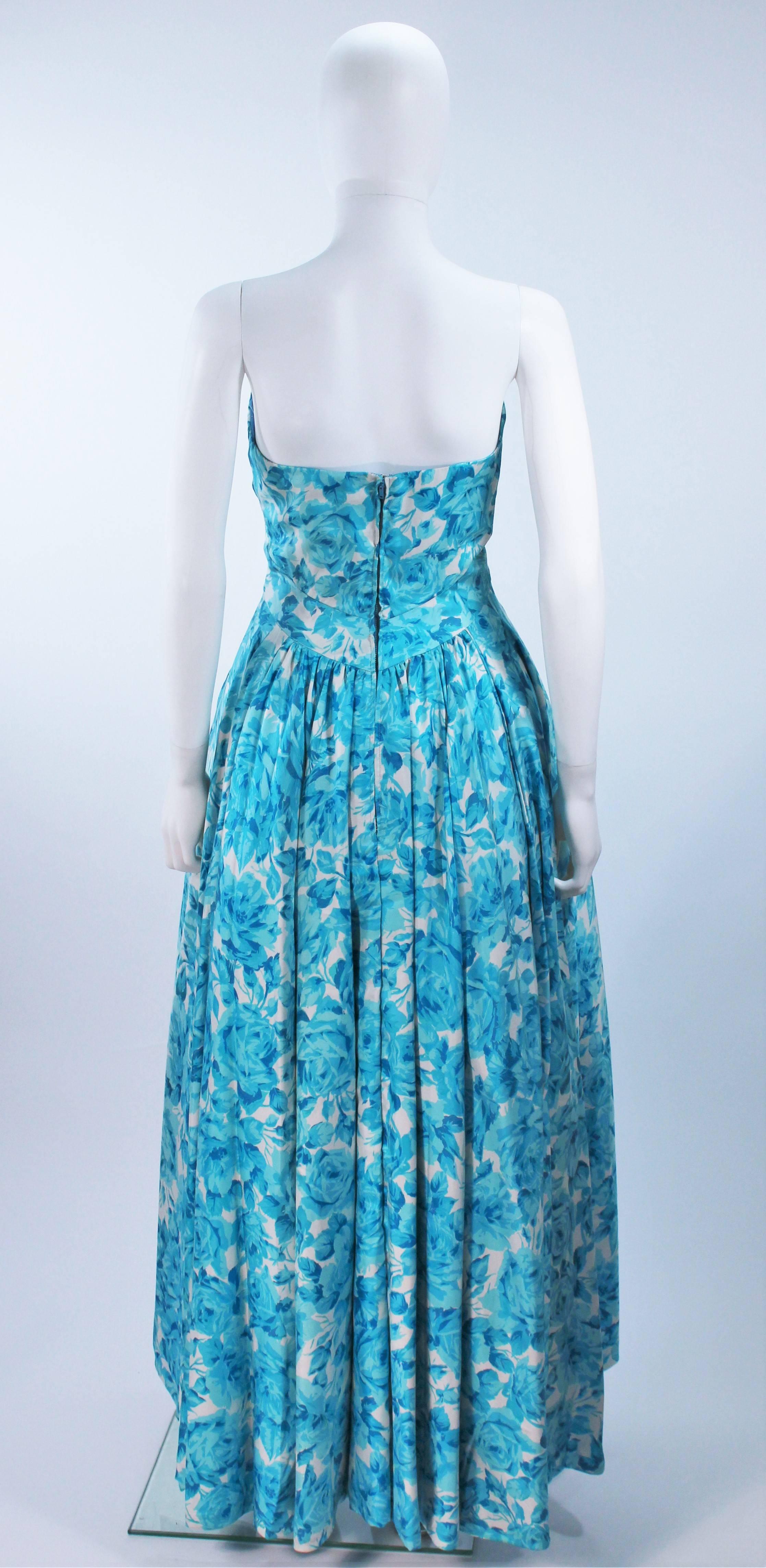 1950's Aqua Floral Watercolor Gown with Hi-Lo Skirt Size 2-4 For Sale 1