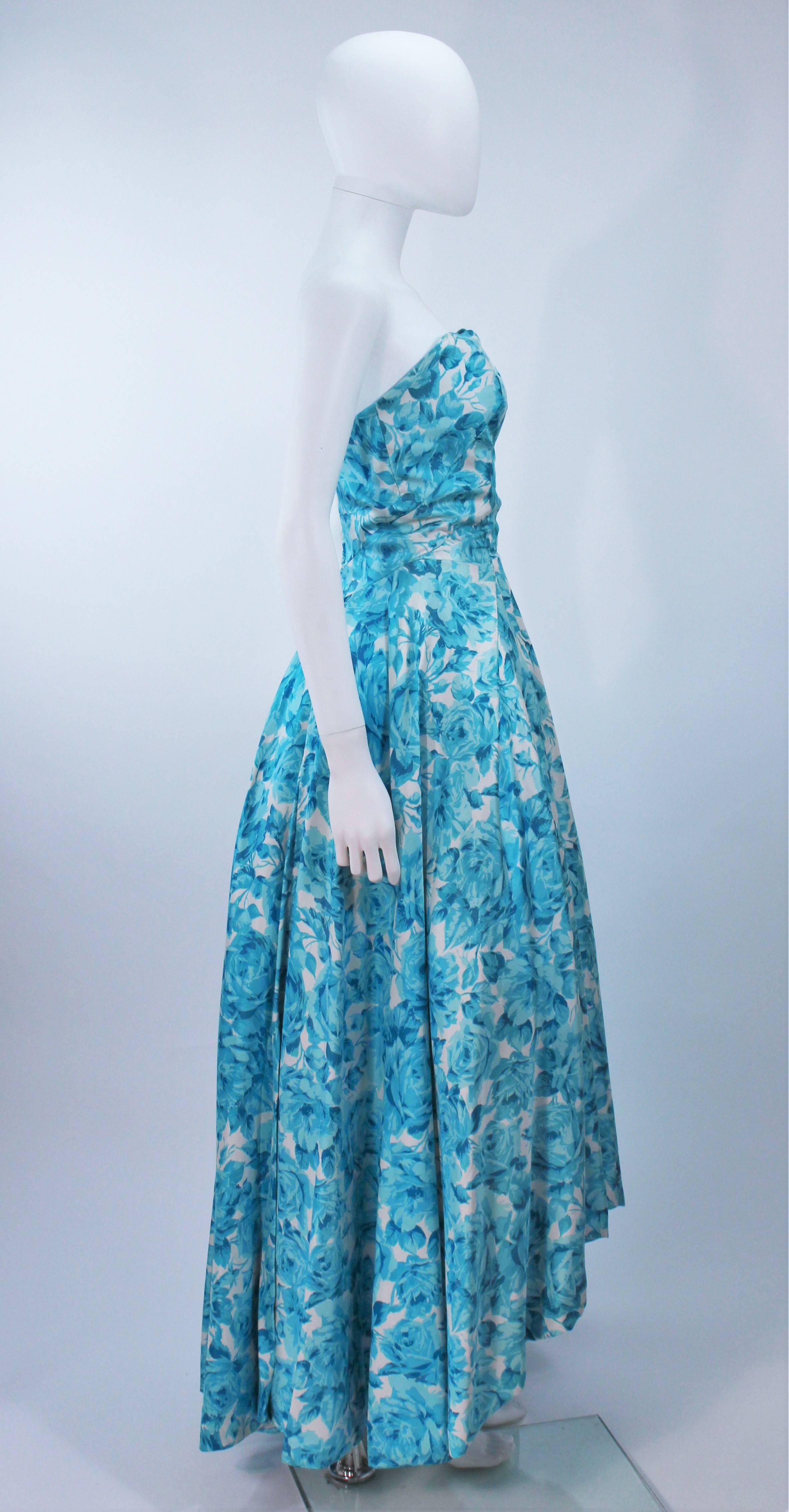 1950's Aqua Floral Watercolor Gown with Hi-Lo Skirt Size 2-4 In Excellent Condition For Sale In Los Angeles, CA