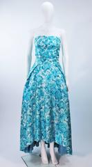 1950's Aqua Floral Watercolor Gown with Hi-Lo Skirt Size 2-4