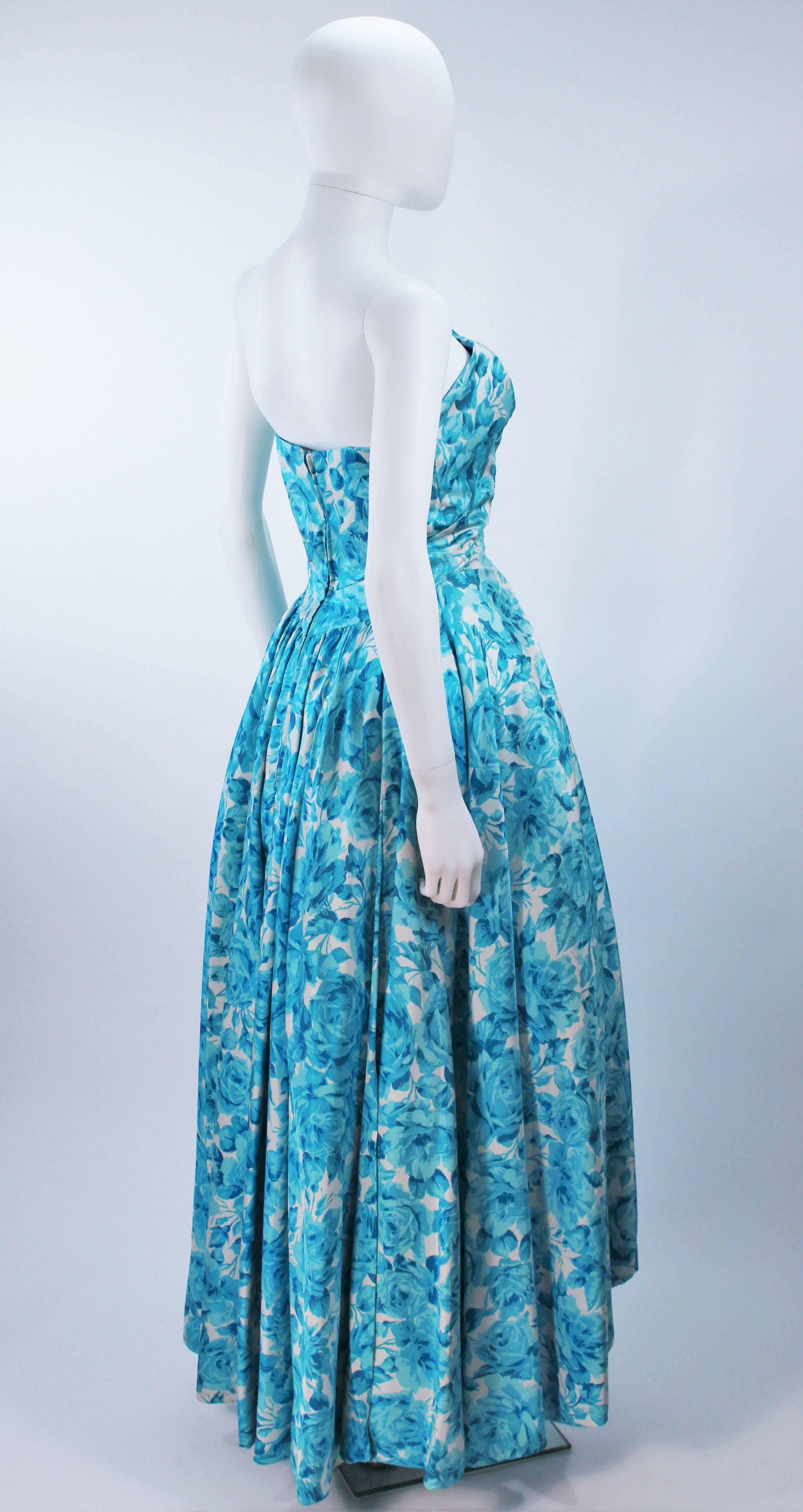 Women's 1950's Aqua Floral Watercolor Gown with Hi-Lo Skirt Size 2-4 For Sale