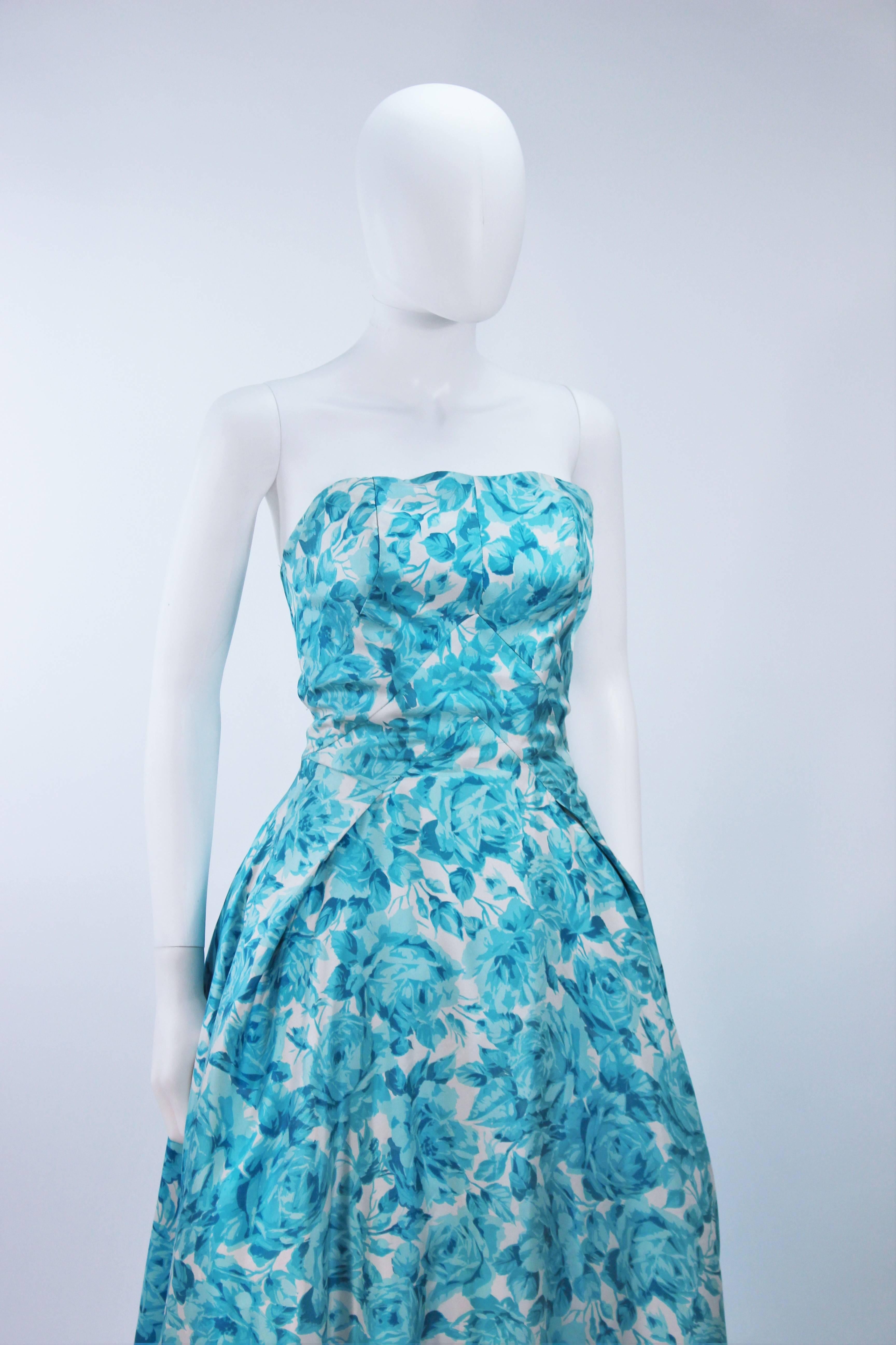 Blue 1950's Aqua Floral Watercolor Gown with Hi-Lo Skirt Size 2-4 For Sale