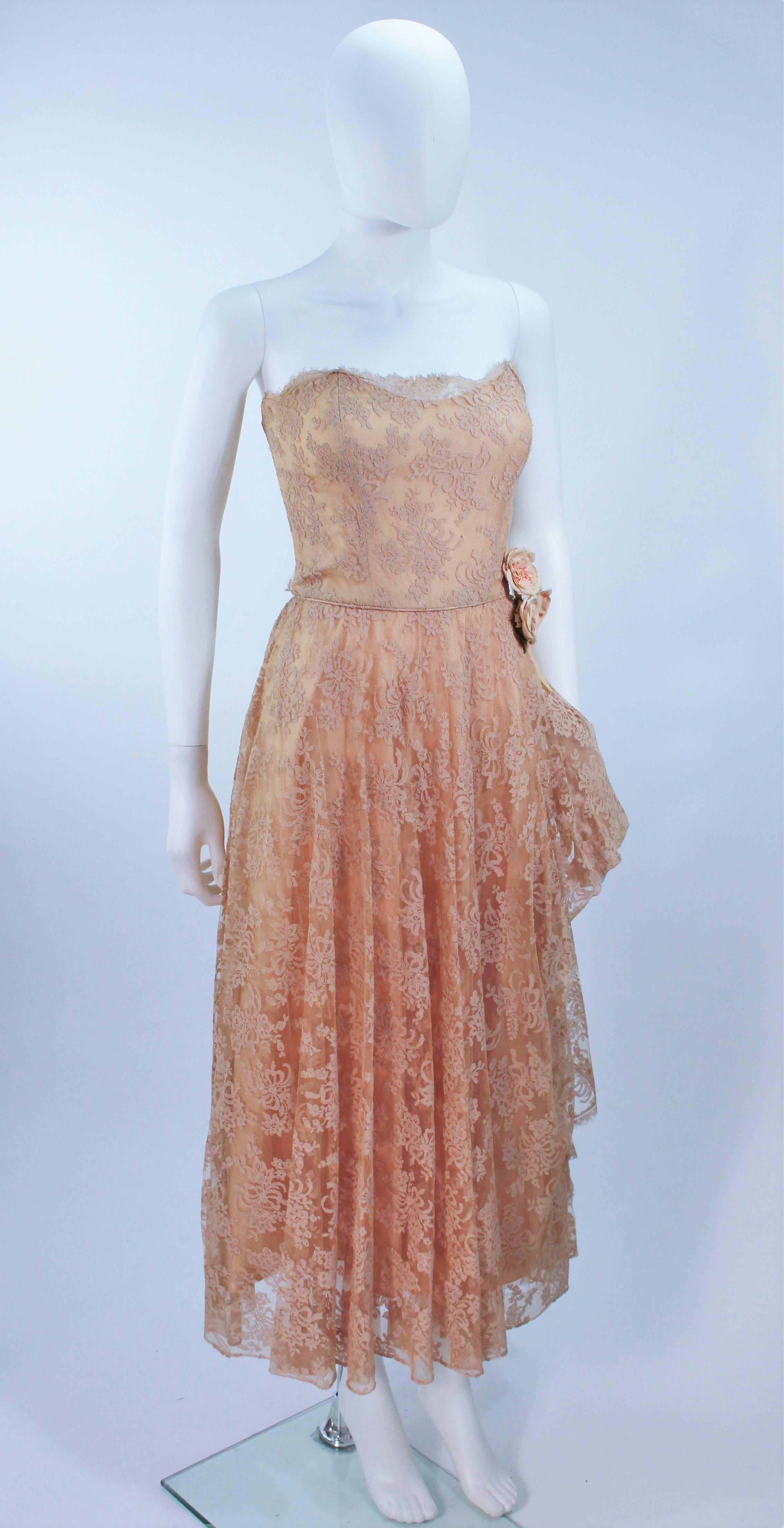 Brown CEIL CHAPMAN 1950's Nude Lace Strapless Cocktail Dress with Flowers Size 4 For Sale