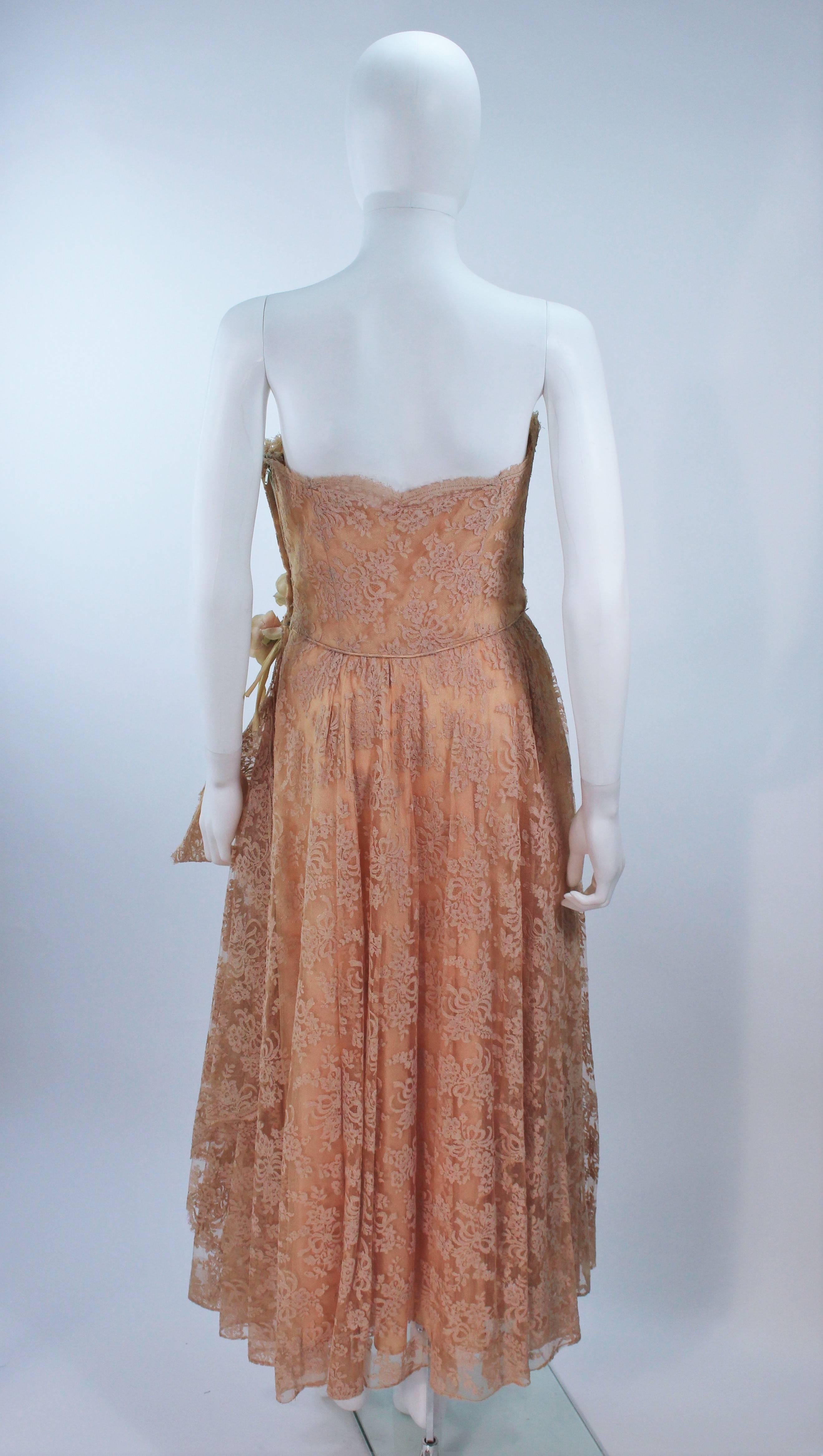 Women's CEIL CHAPMAN 1950's Nude Lace Strapless Cocktail Dress with Flowers Size 4 For Sale