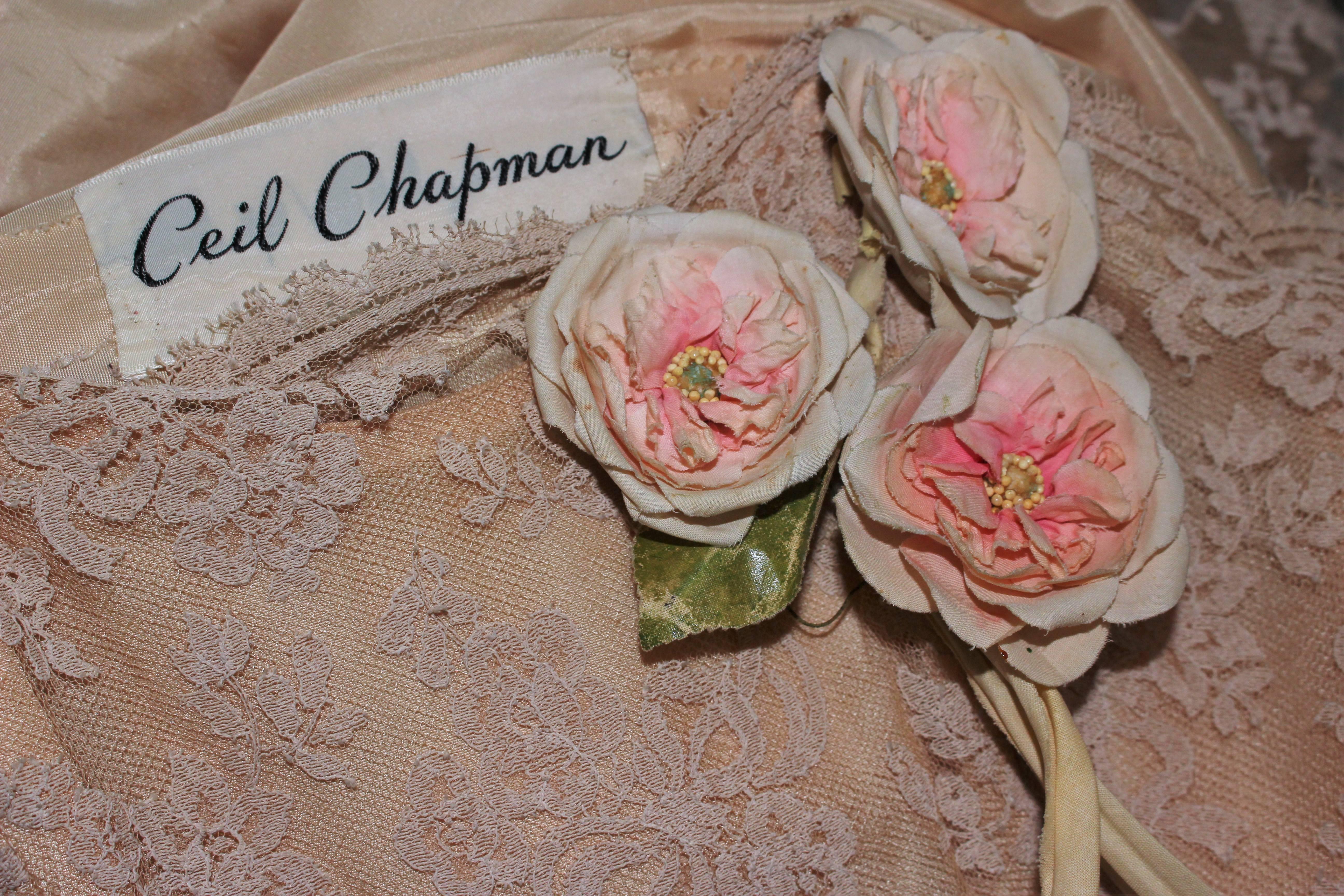 CEIL CHAPMAN 1950's Nude Lace Strapless Cocktail Dress with Flowers Size 4 For Sale 1