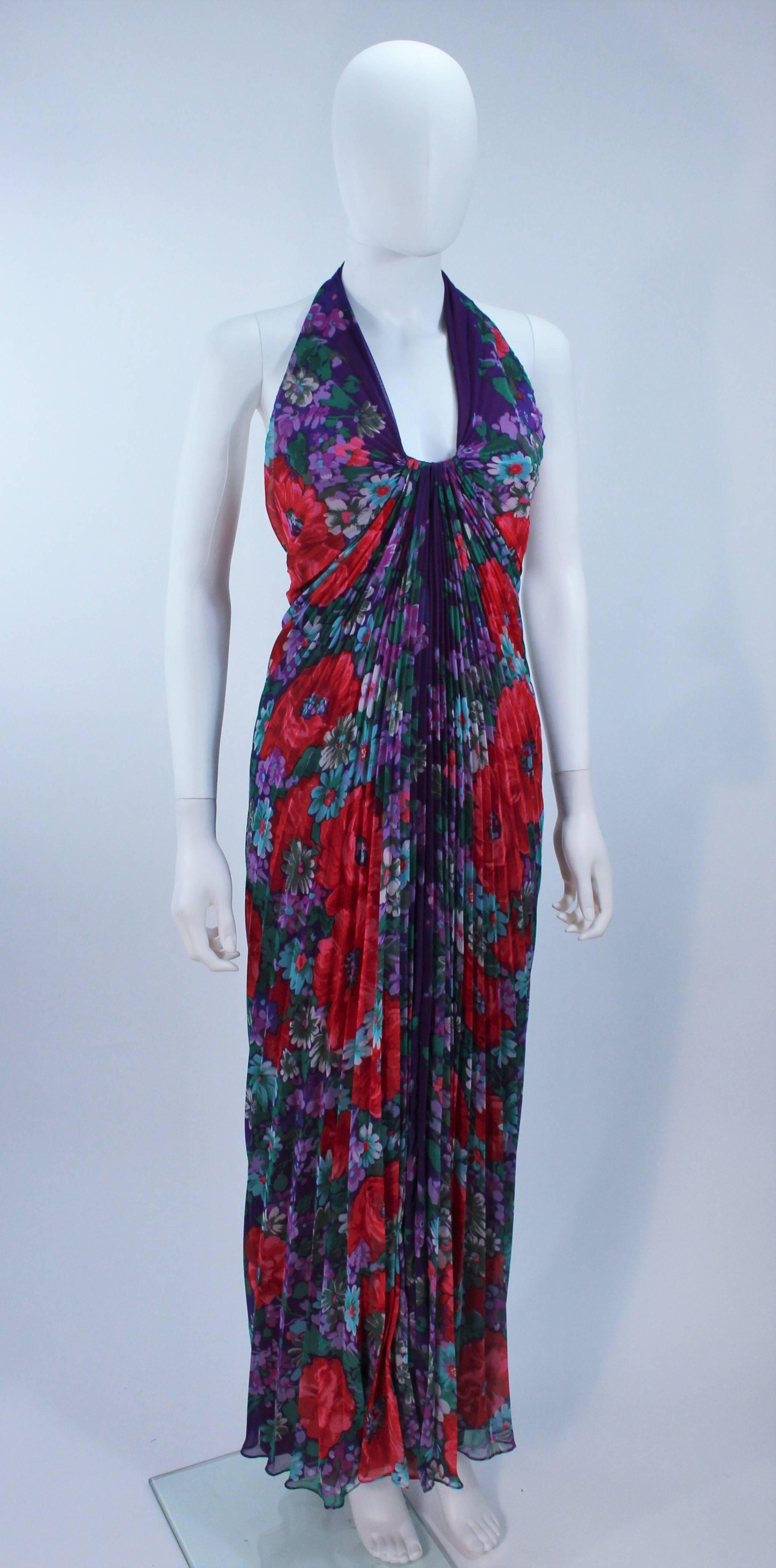 TRAVILLA 1980's Purple Floral Print Pleated Gown Size 4 6 In Excellent Condition In Los Angeles, CA
