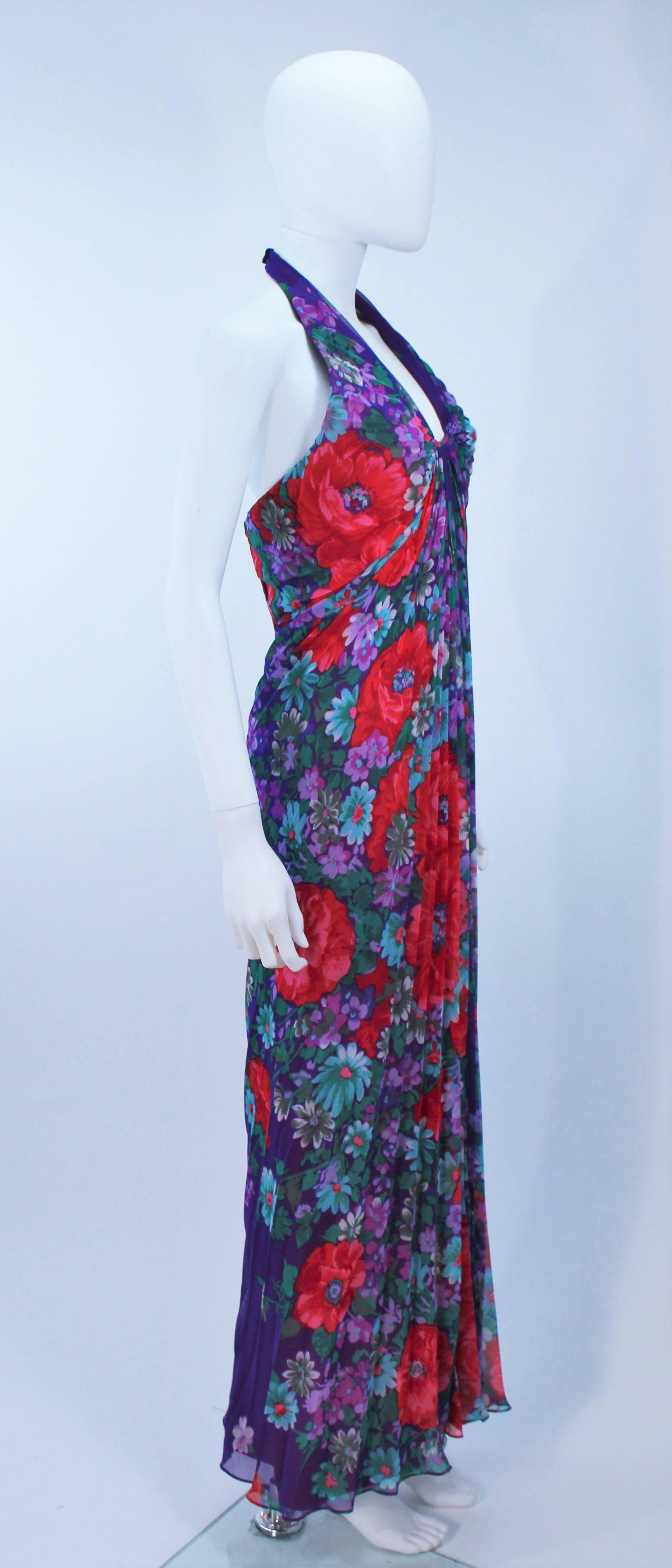 TRAVILLA 1980's Purple Floral Print Pleated Gown Size 4 6 1