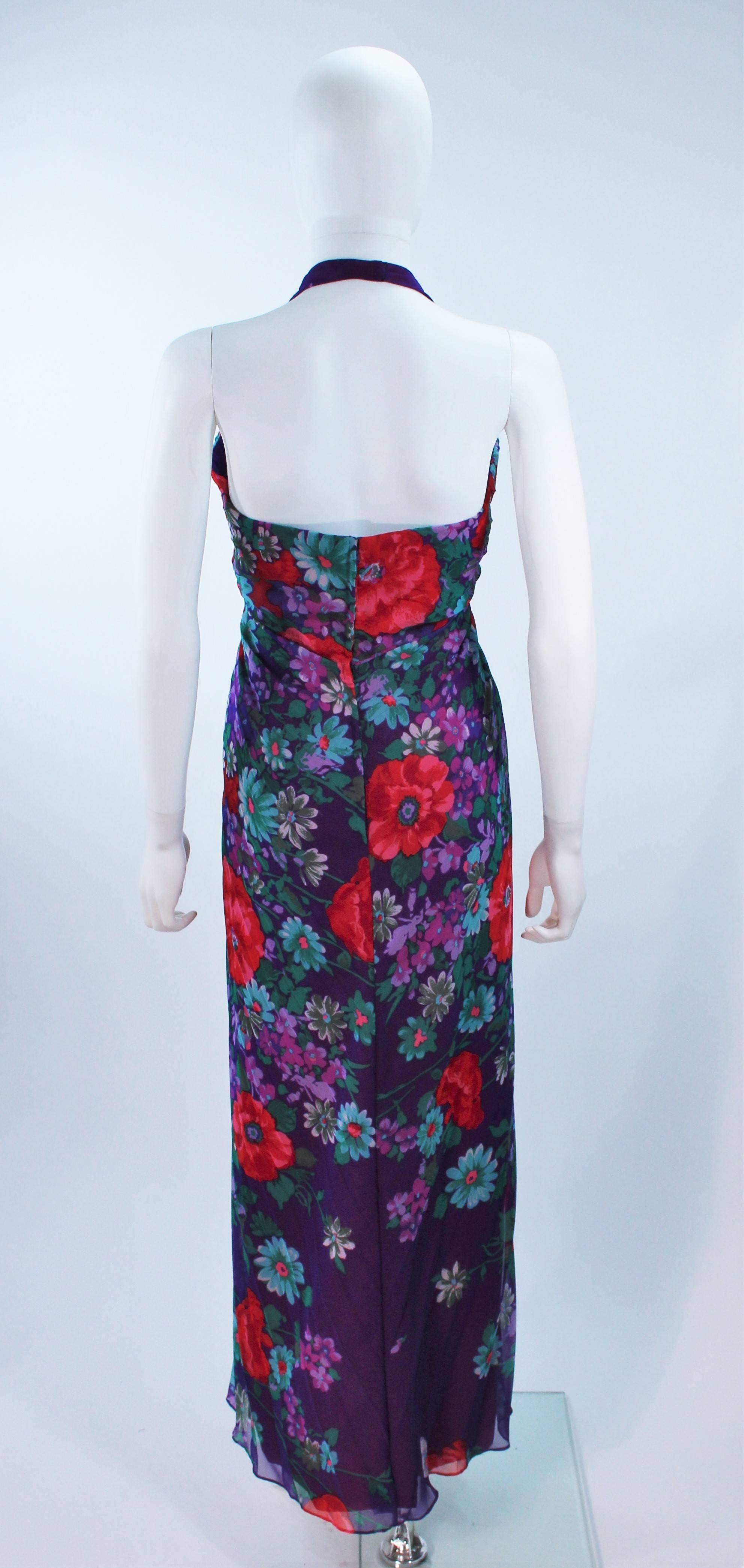 TRAVILLA 1980's Purple Floral Print Pleated Gown Size 4 6 3