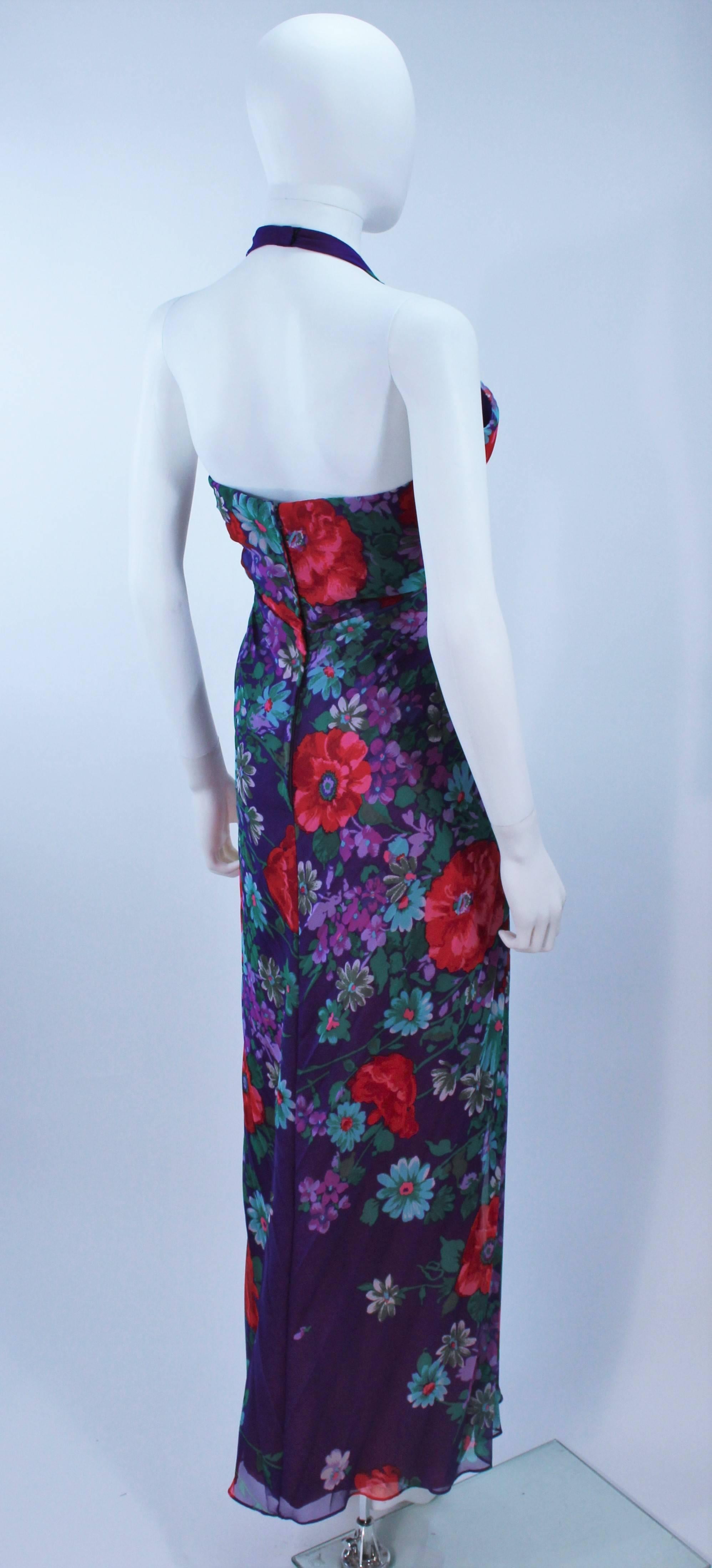 TRAVILLA 1980's Purple Floral Print Pleated Gown Size 4 6 2