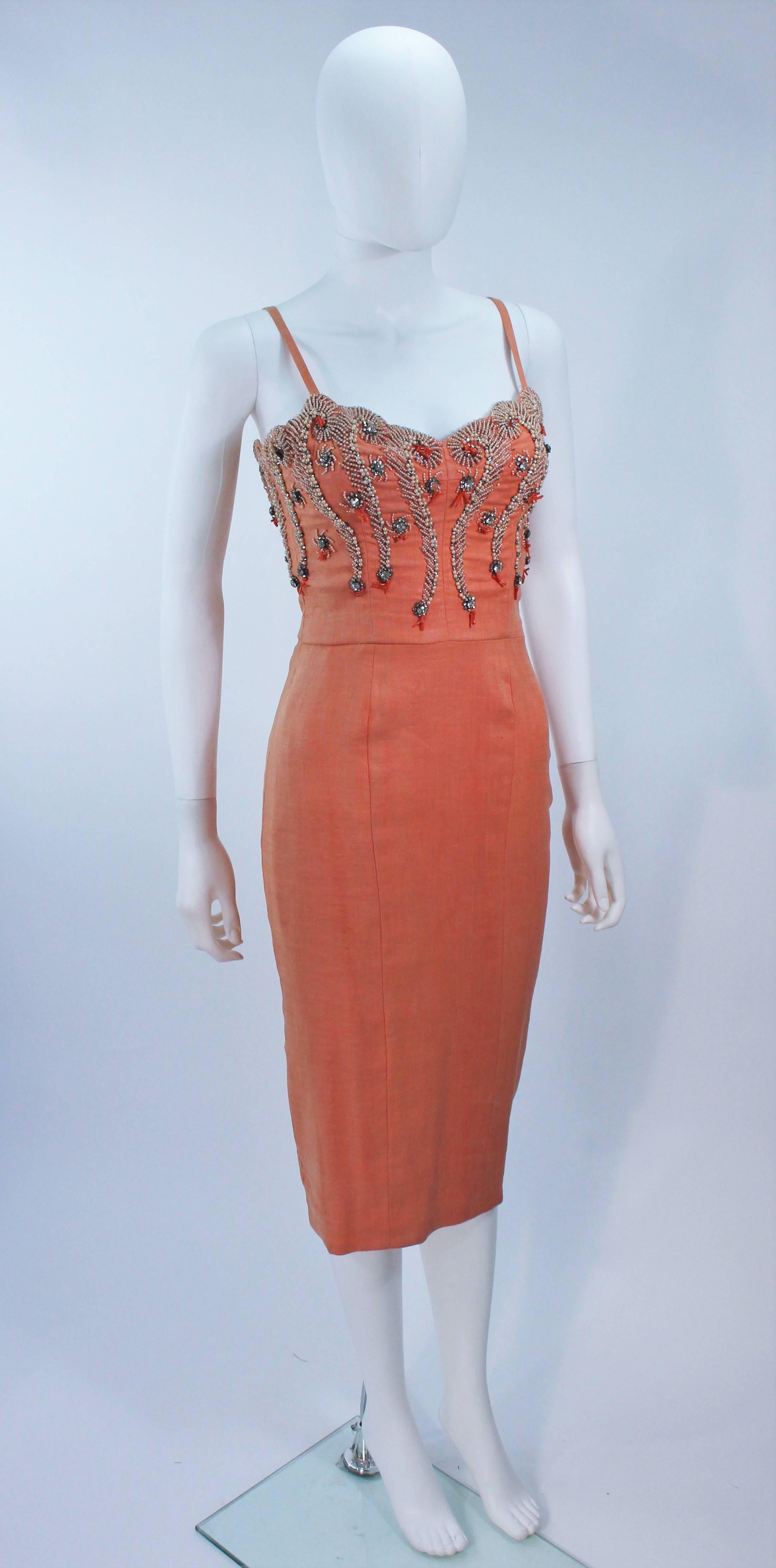 1960's Coral Embellished Cocktail Dress Size 2-4 In Excellent Condition For Sale In Los Angeles, CA