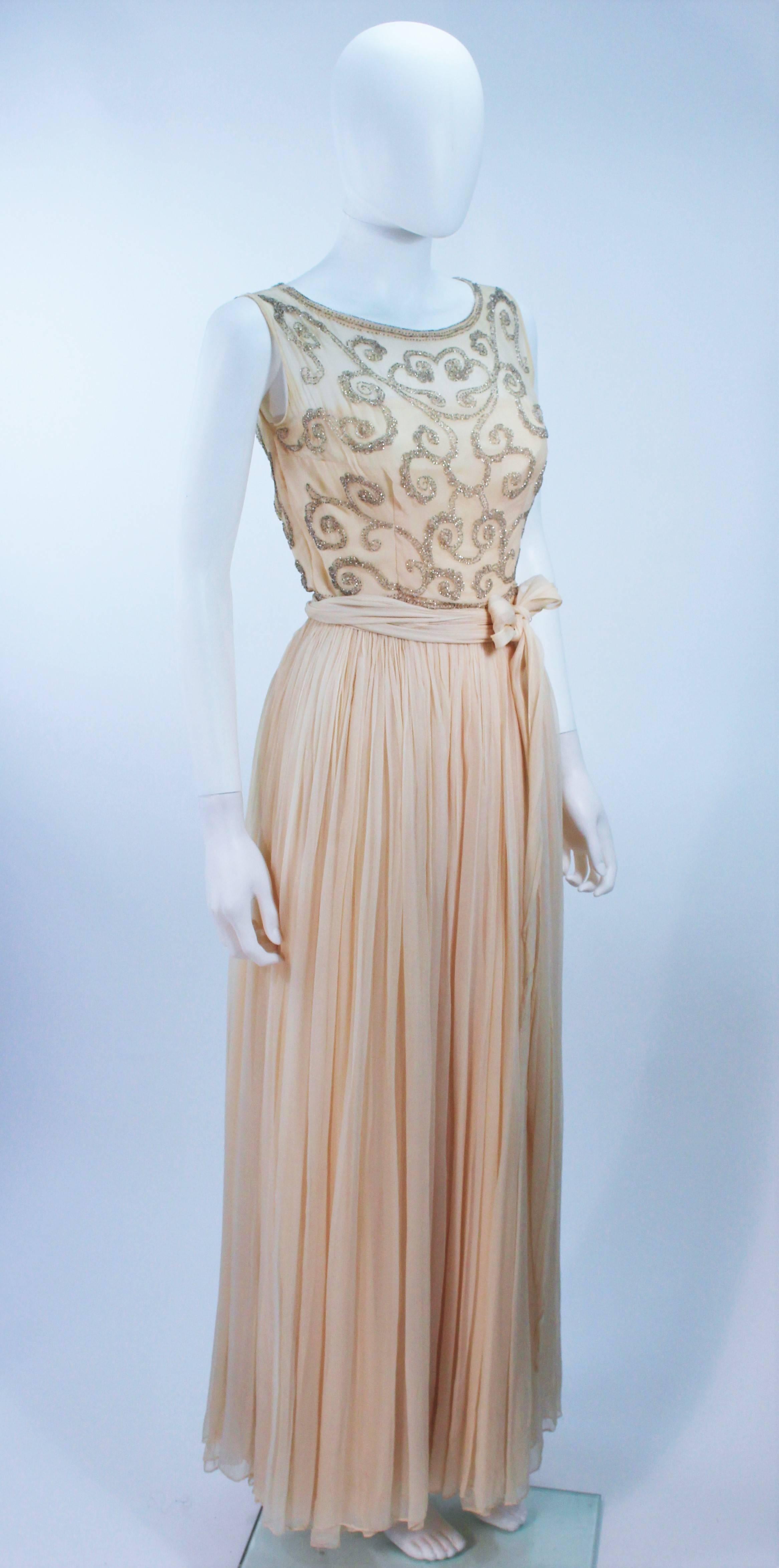 Women's 1960's Vintage Buttercream Chiffon Gown with Embellished Bodice Size 2 For Sale