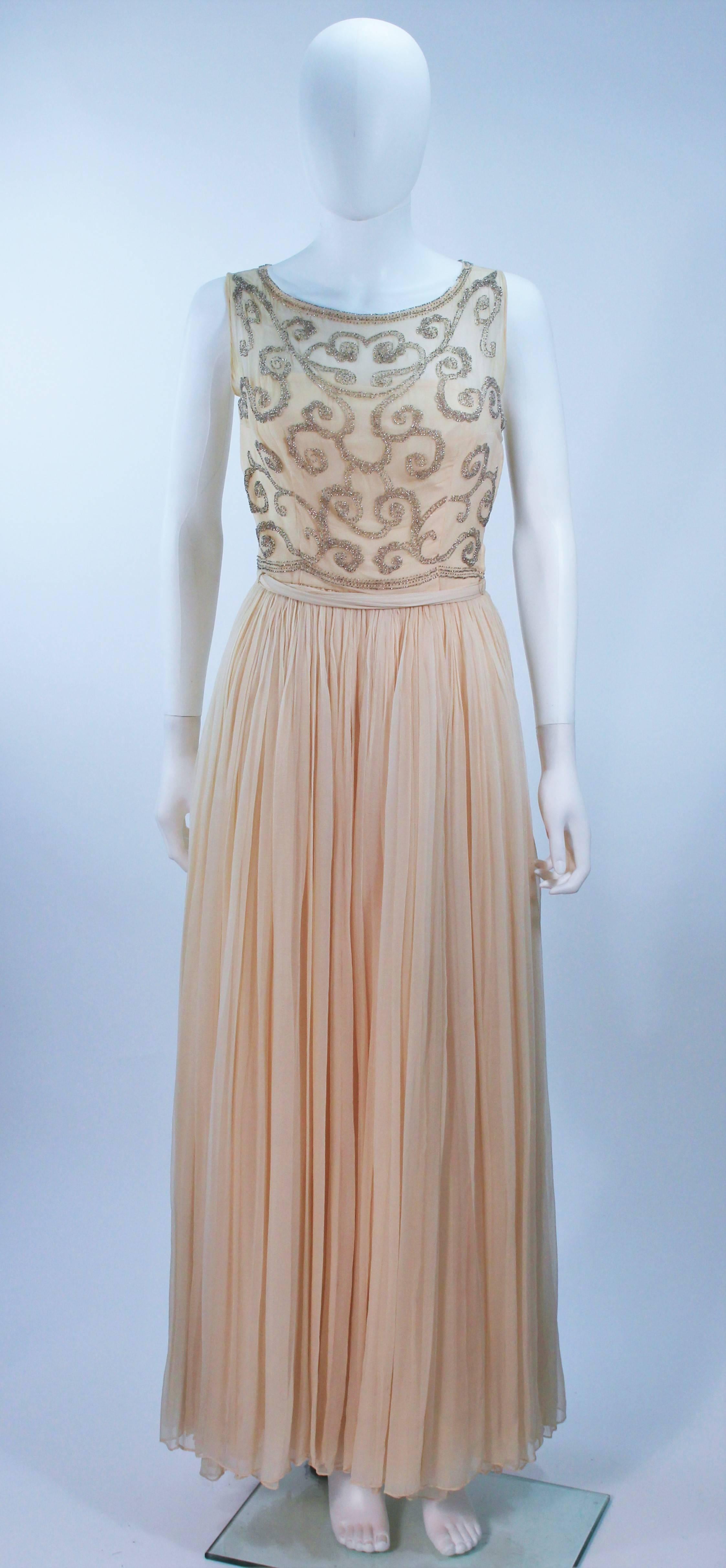 1960's Vintage Buttercream Chiffon Gown with Embellished Bodice Size 2 In Excellent Condition For Sale In Los Angeles, CA