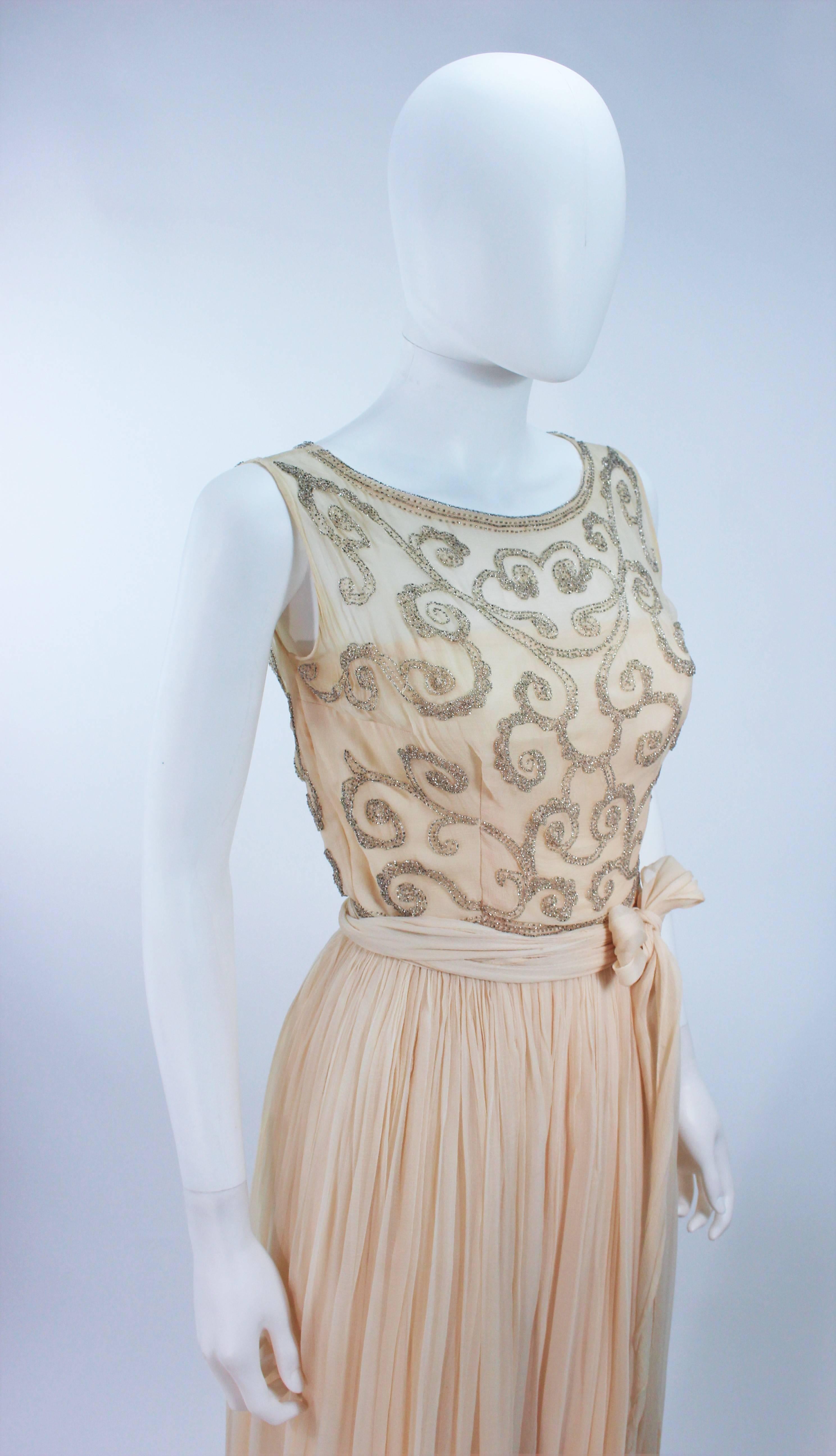 1960's Vintage Buttercream Chiffon Gown with Embellished Bodice Size 2 For Sale 1