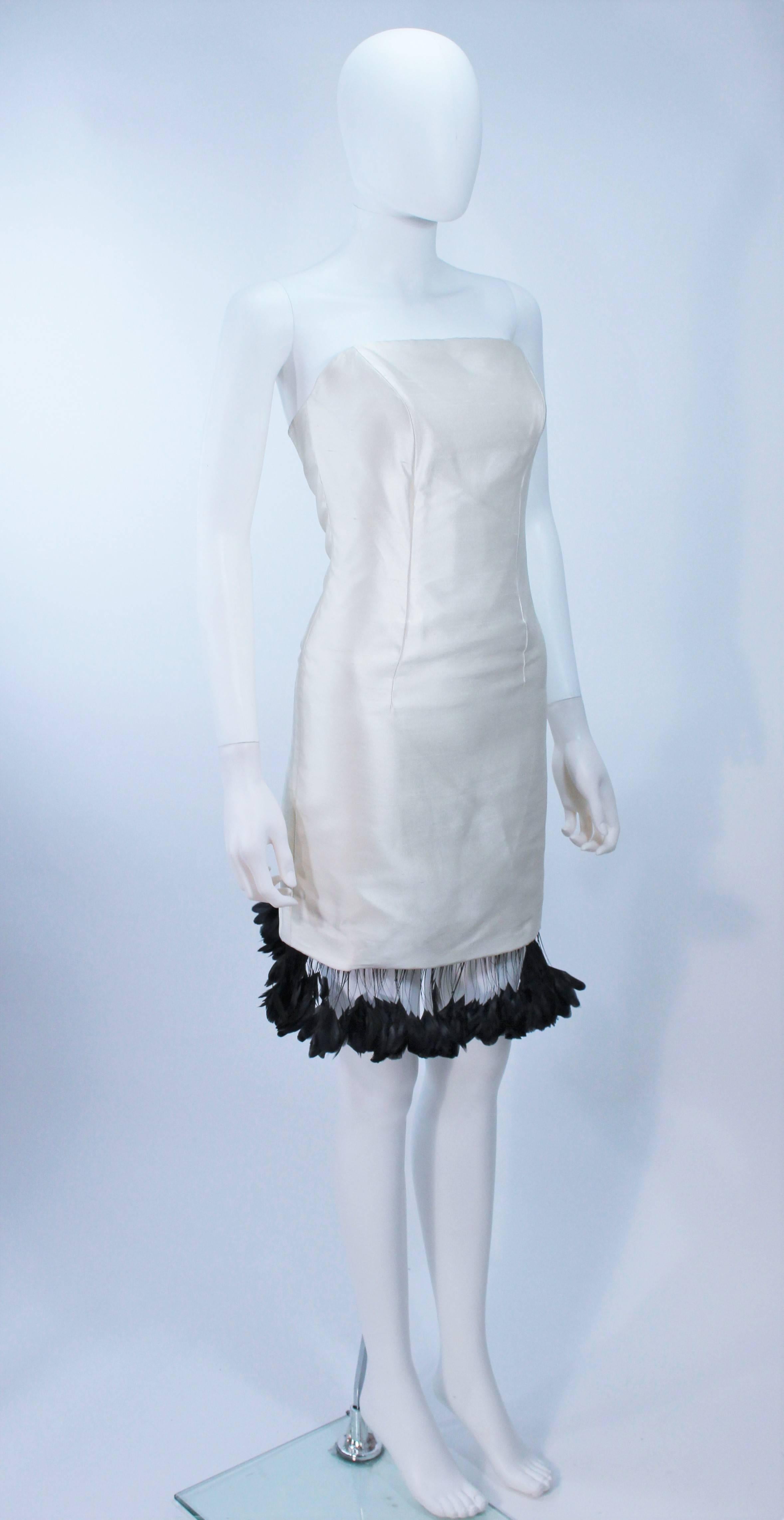 CANTU & CASTILLO White Raw Silk Cocktail Dress with Feather Trim Size 2 1