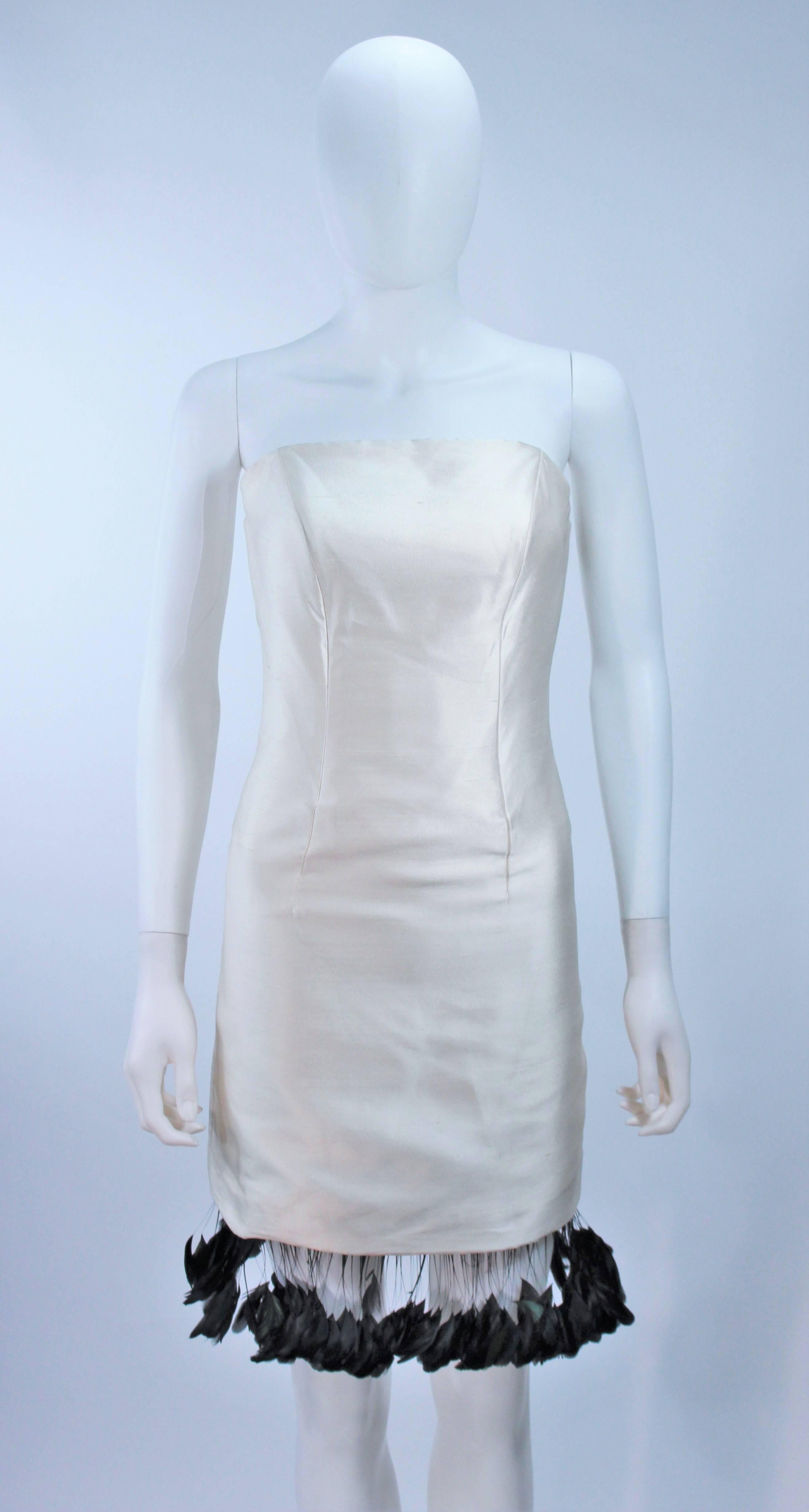 Gray CANTU & CASTILLO White Raw Silk Cocktail Dress with Feather Trim Size 2