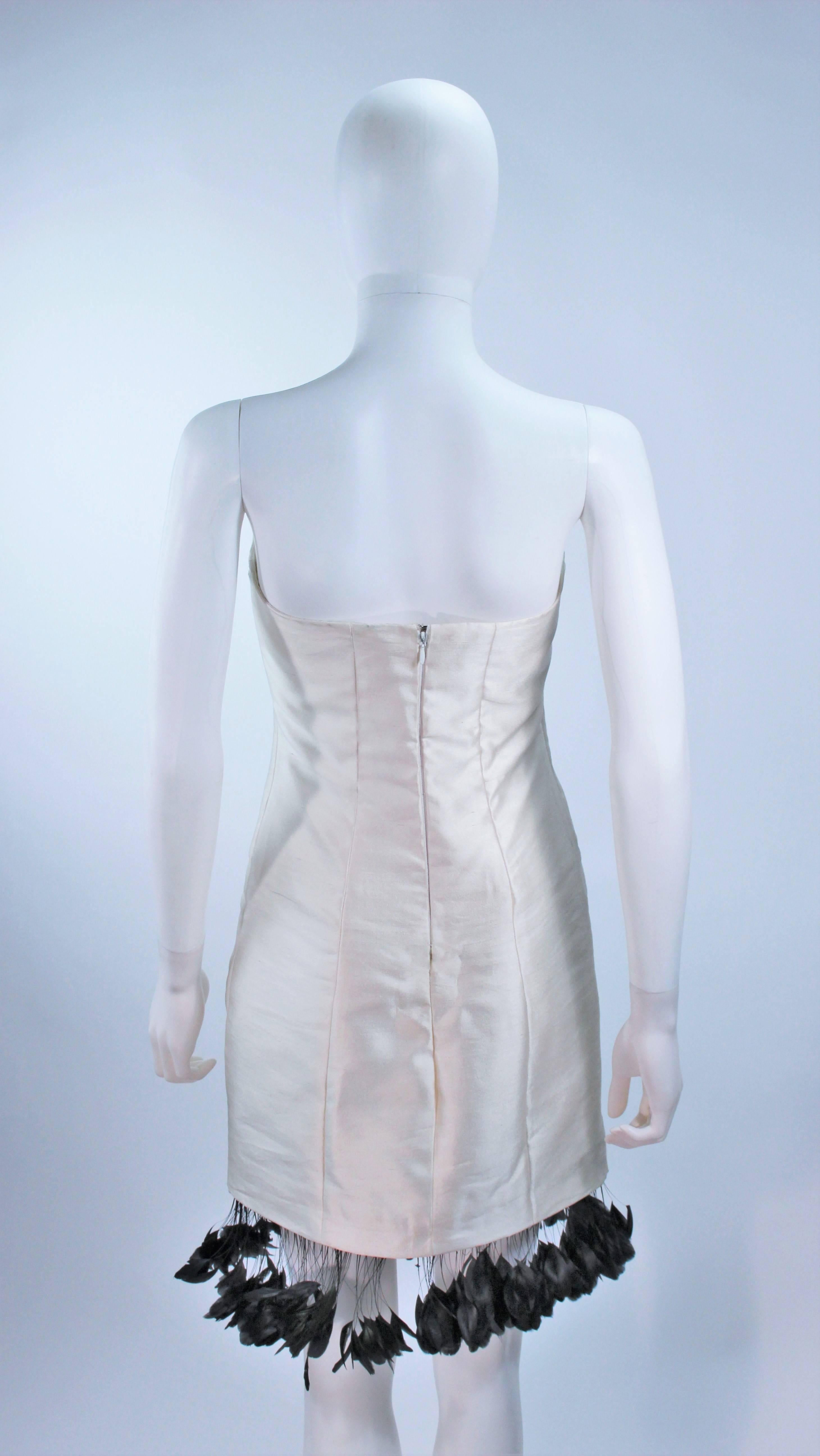 CANTU & CASTILLO White Raw Silk Cocktail Dress with Feather Trim Size 2 5