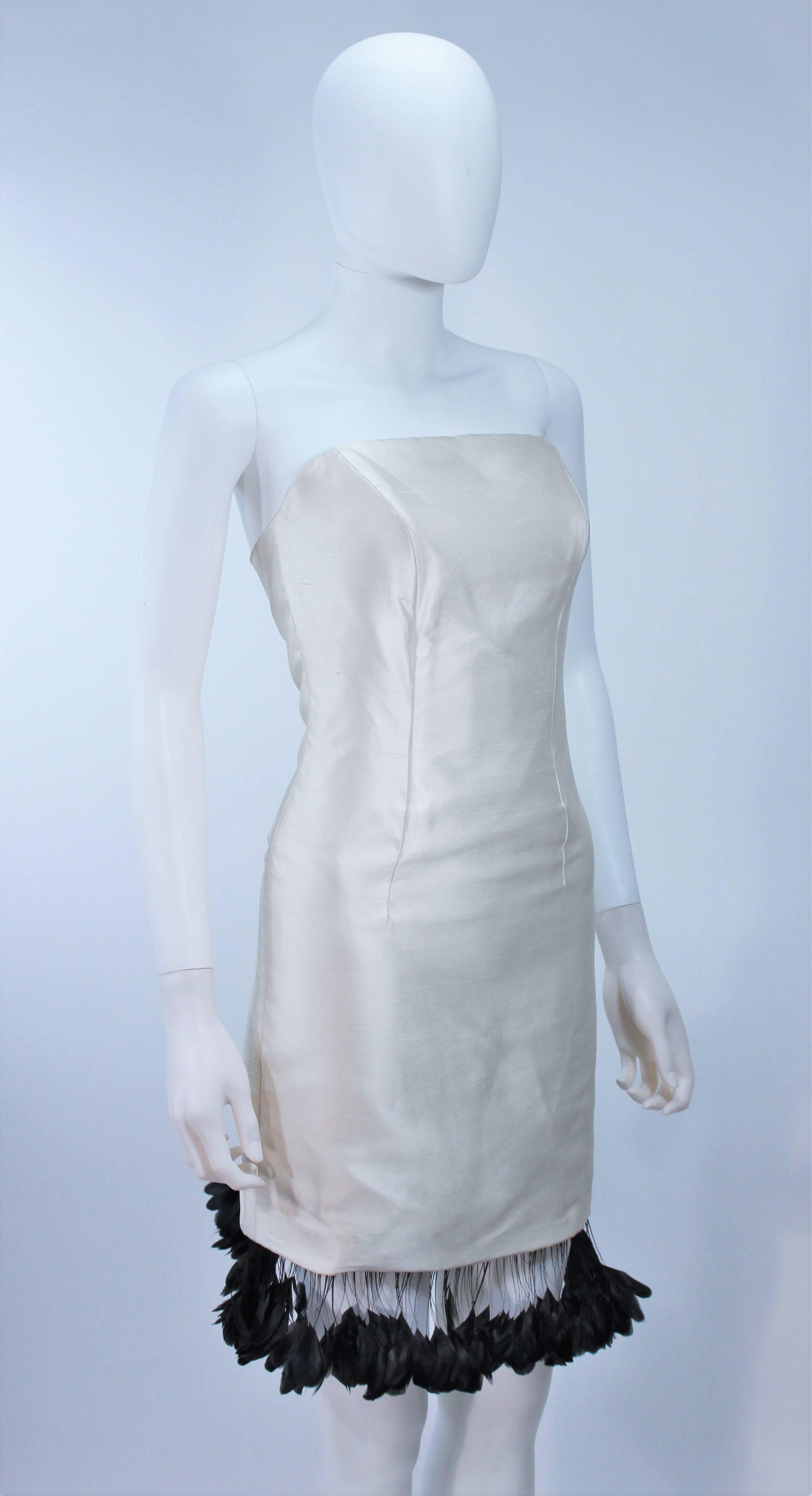 CANTU & CASTILLO White Raw Silk Cocktail Dress with Feather Trim Size 2 2