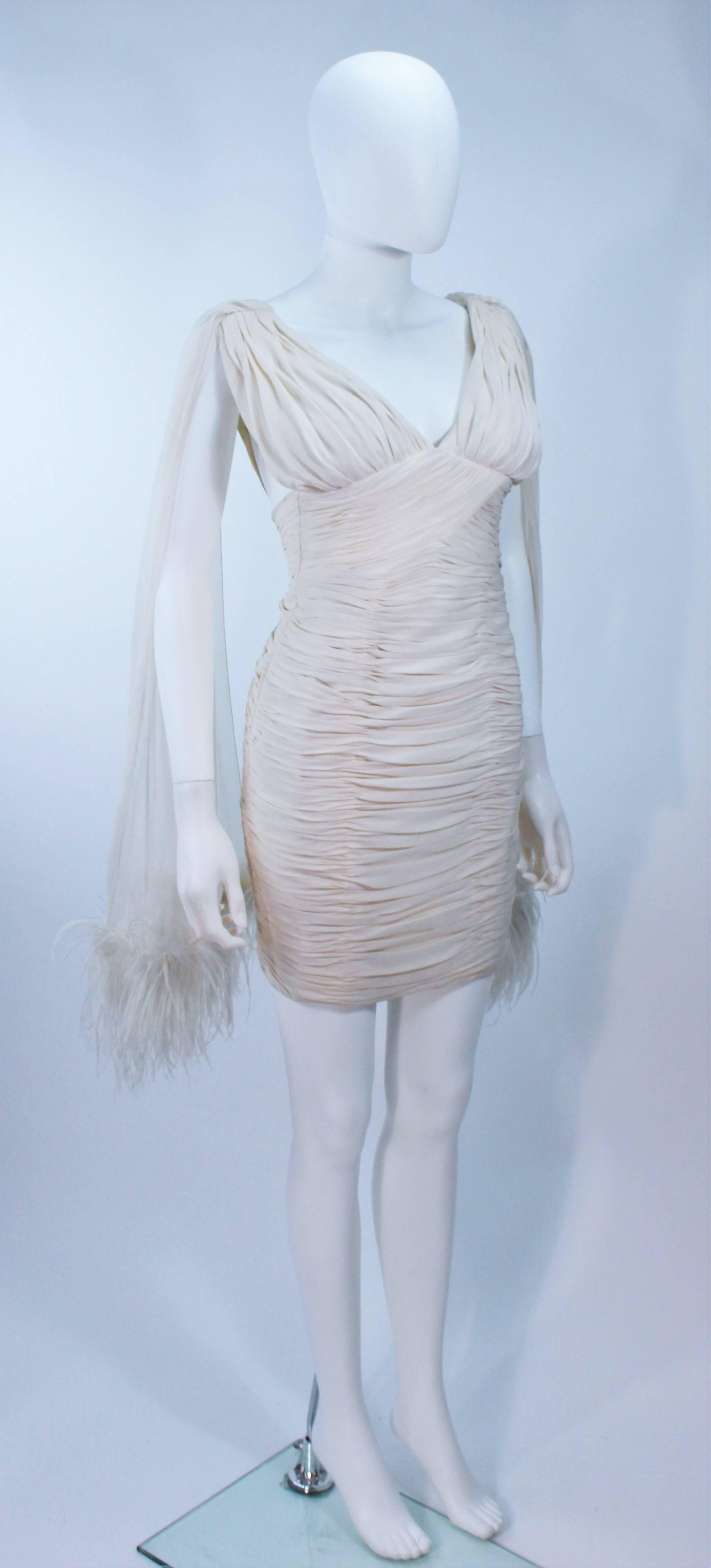 Women's I. MAGNIN White Ruched Cocktail Dress with Feather Trim Size 2