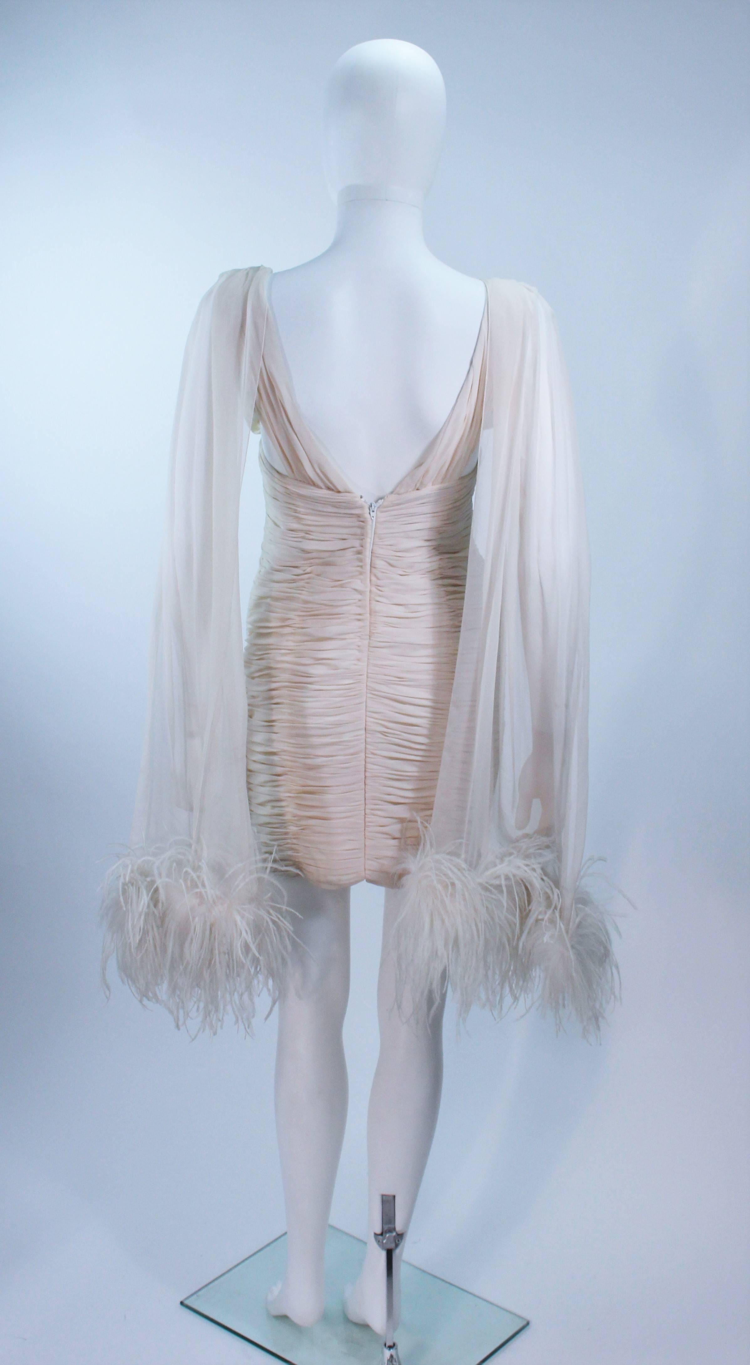 I. MAGNIN White Ruched Cocktail Dress with Feather Trim Size 2 3
