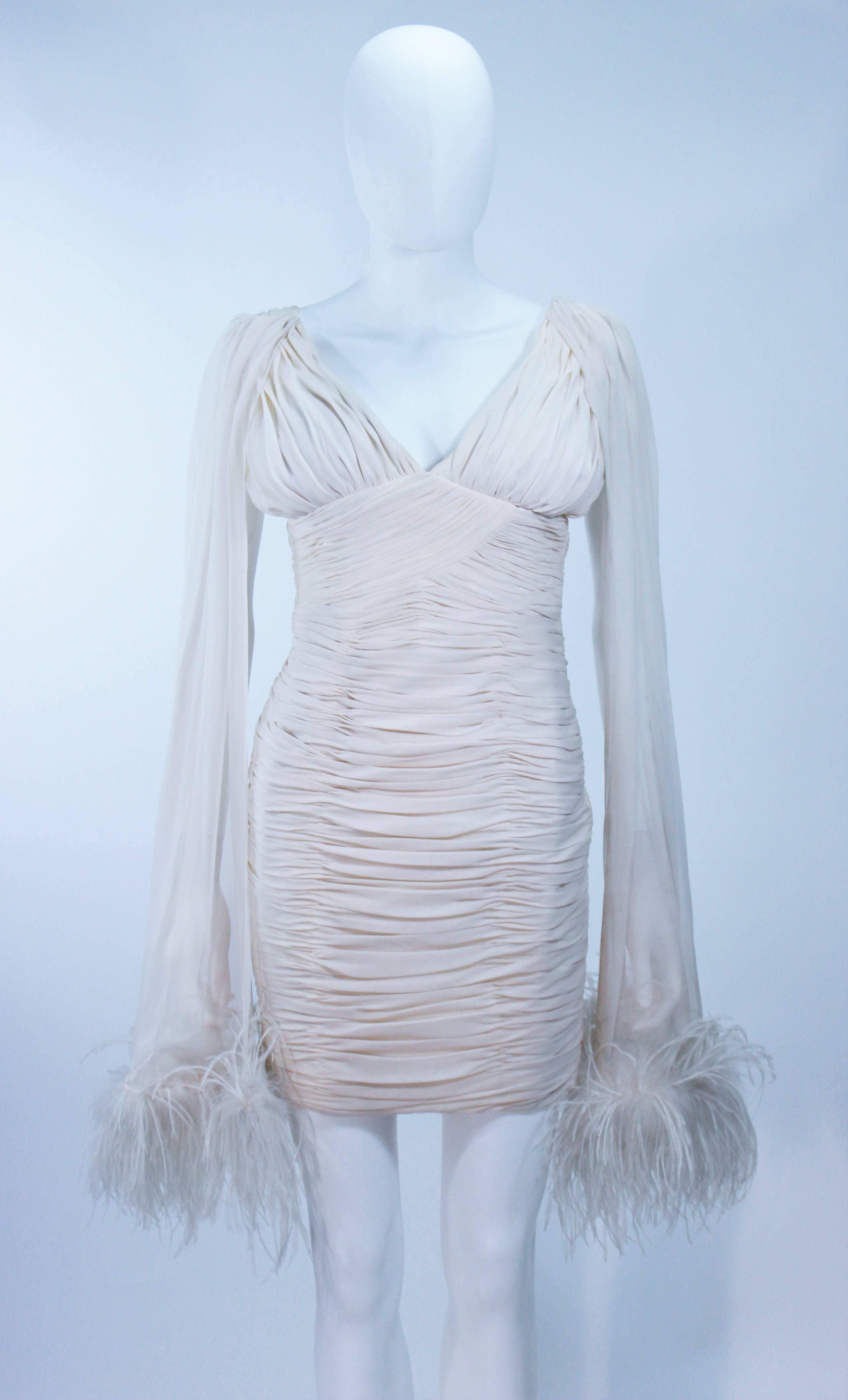 Gray I. MAGNIN White Ruched Cocktail Dress with Feather Trim Size 2