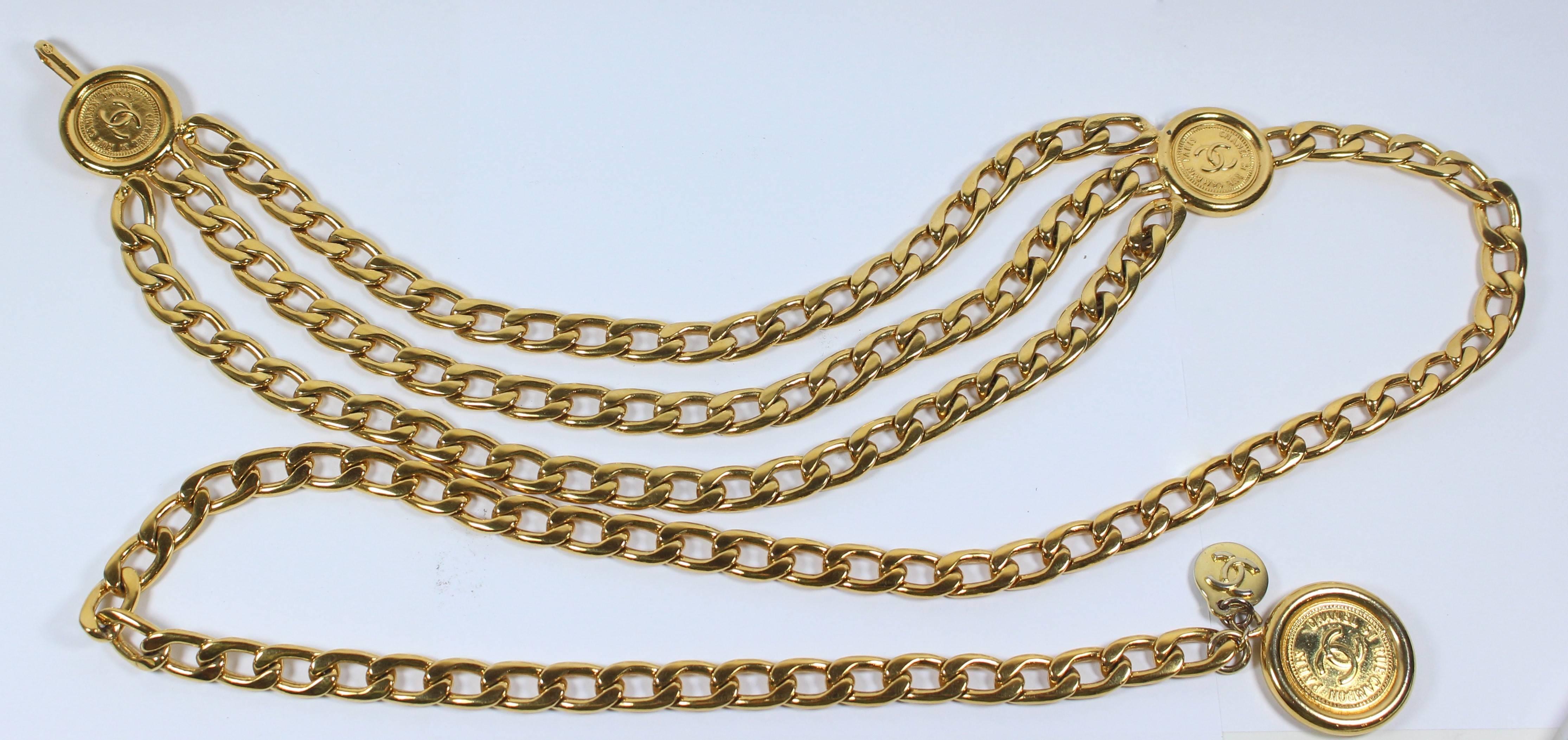 CHANEL 1991 Gold Tone Triple Strand Detail Chain Link Belt Necklace Open Size 1